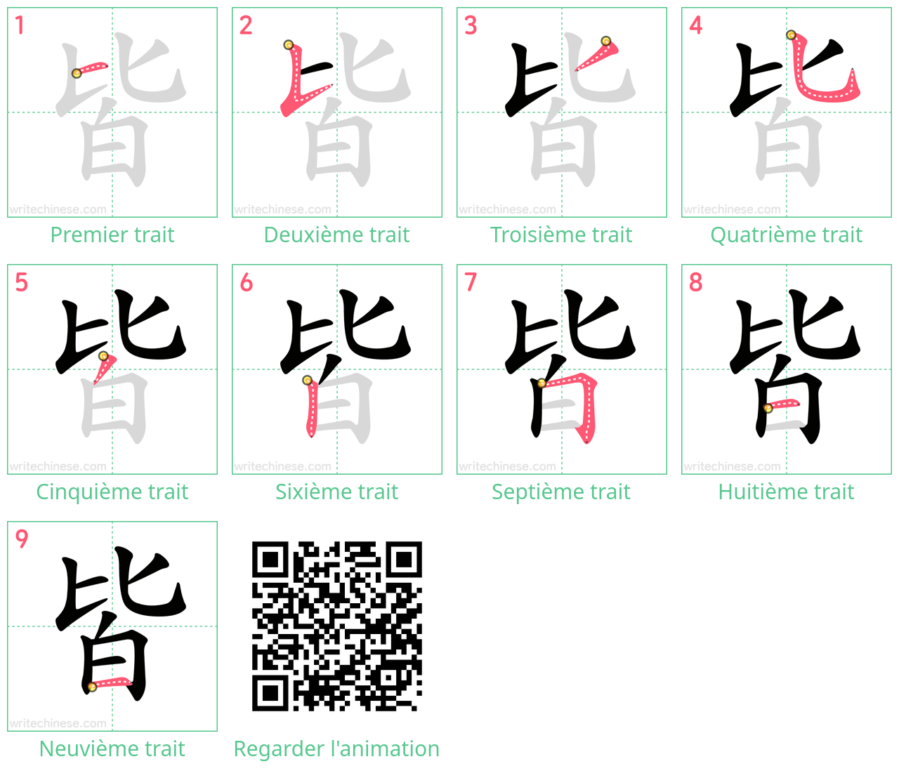 Diagrammes d'ordre des traits étape par étape pour le caractère 皆