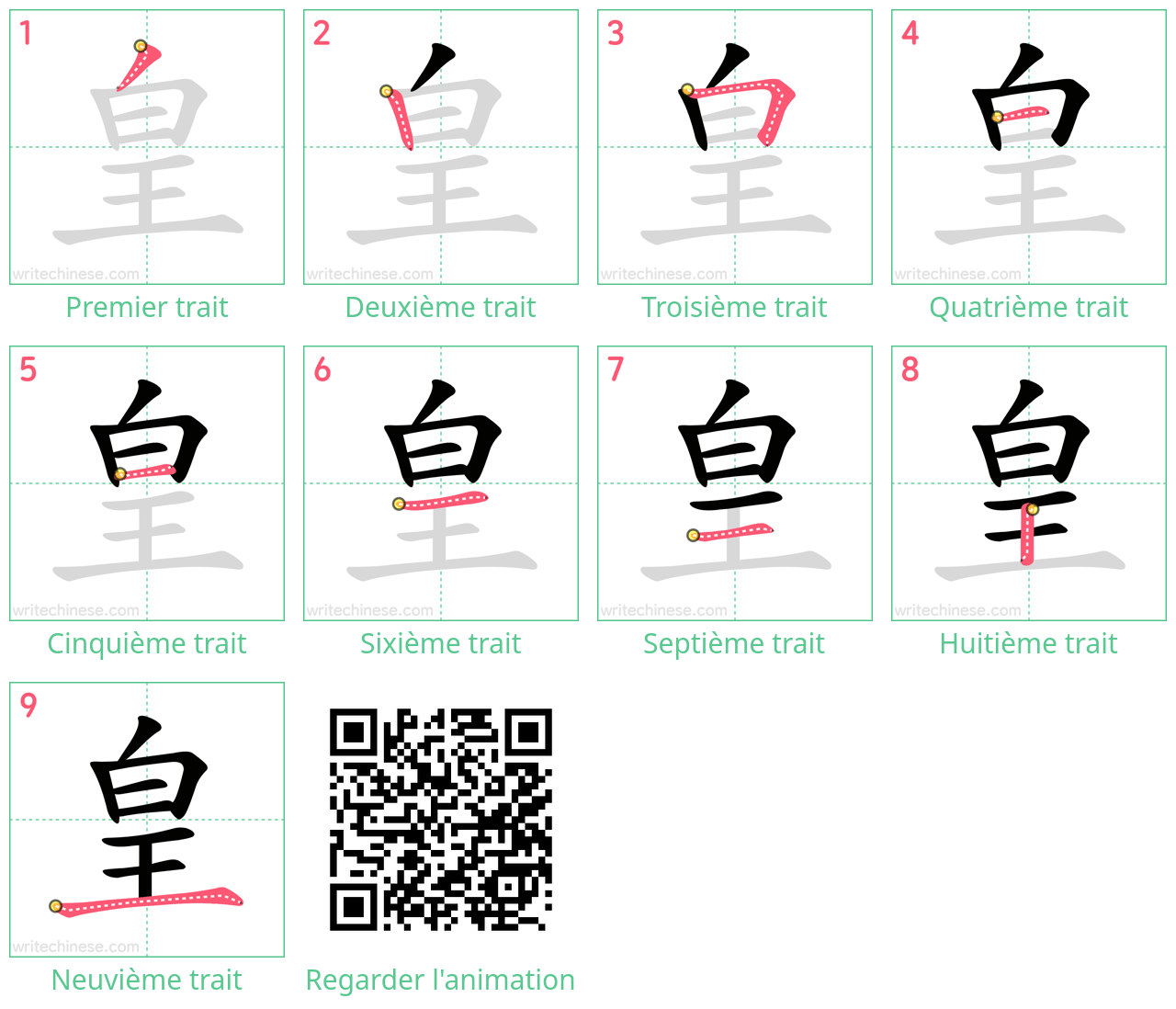 Diagrammes d'ordre des traits étape par étape pour le caractère 皇