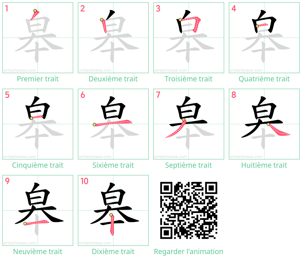 Diagrammes d'ordre des traits étape par étape pour le caractère 皋