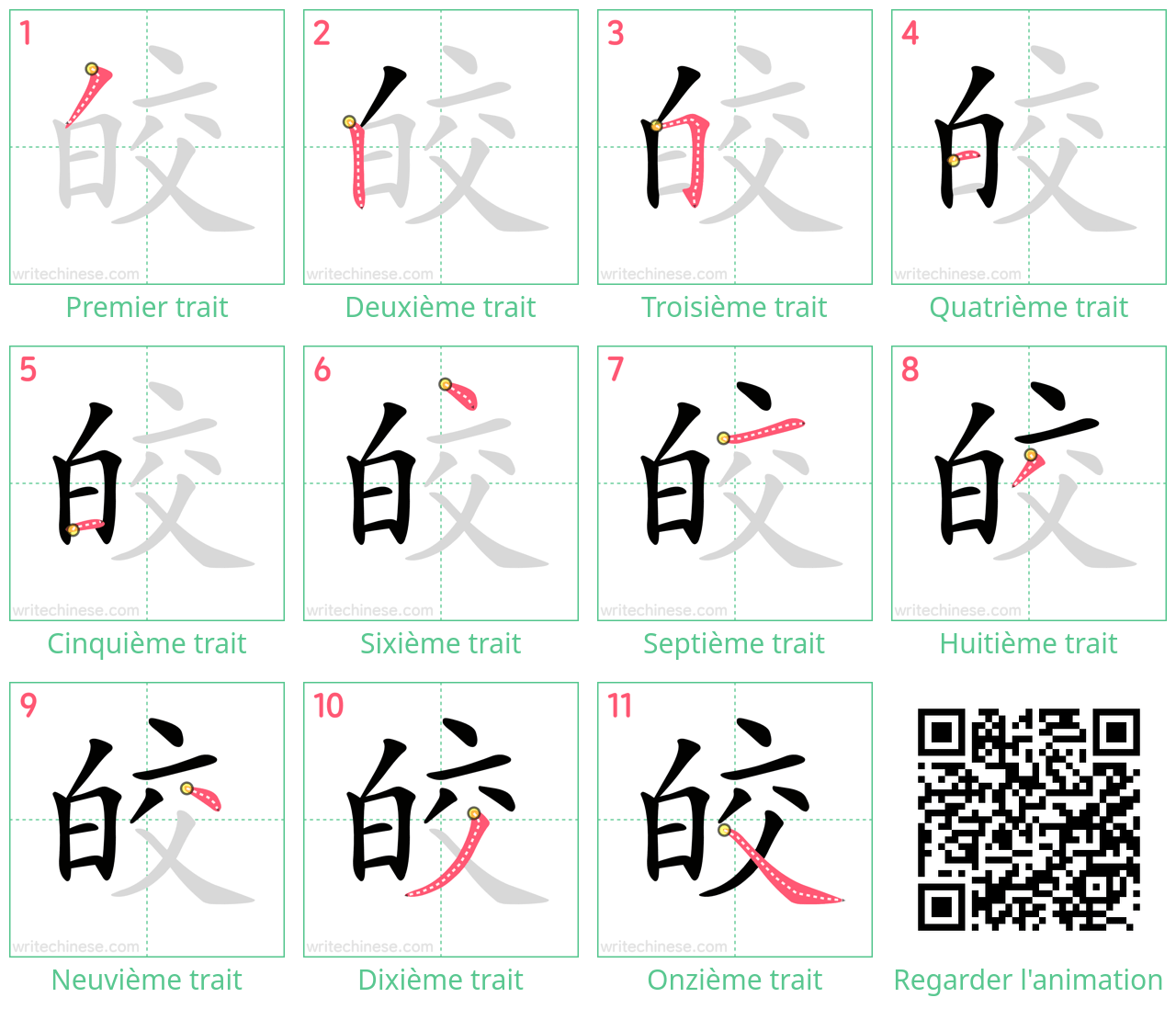 Diagrammes d'ordre des traits étape par étape pour le caractère 皎