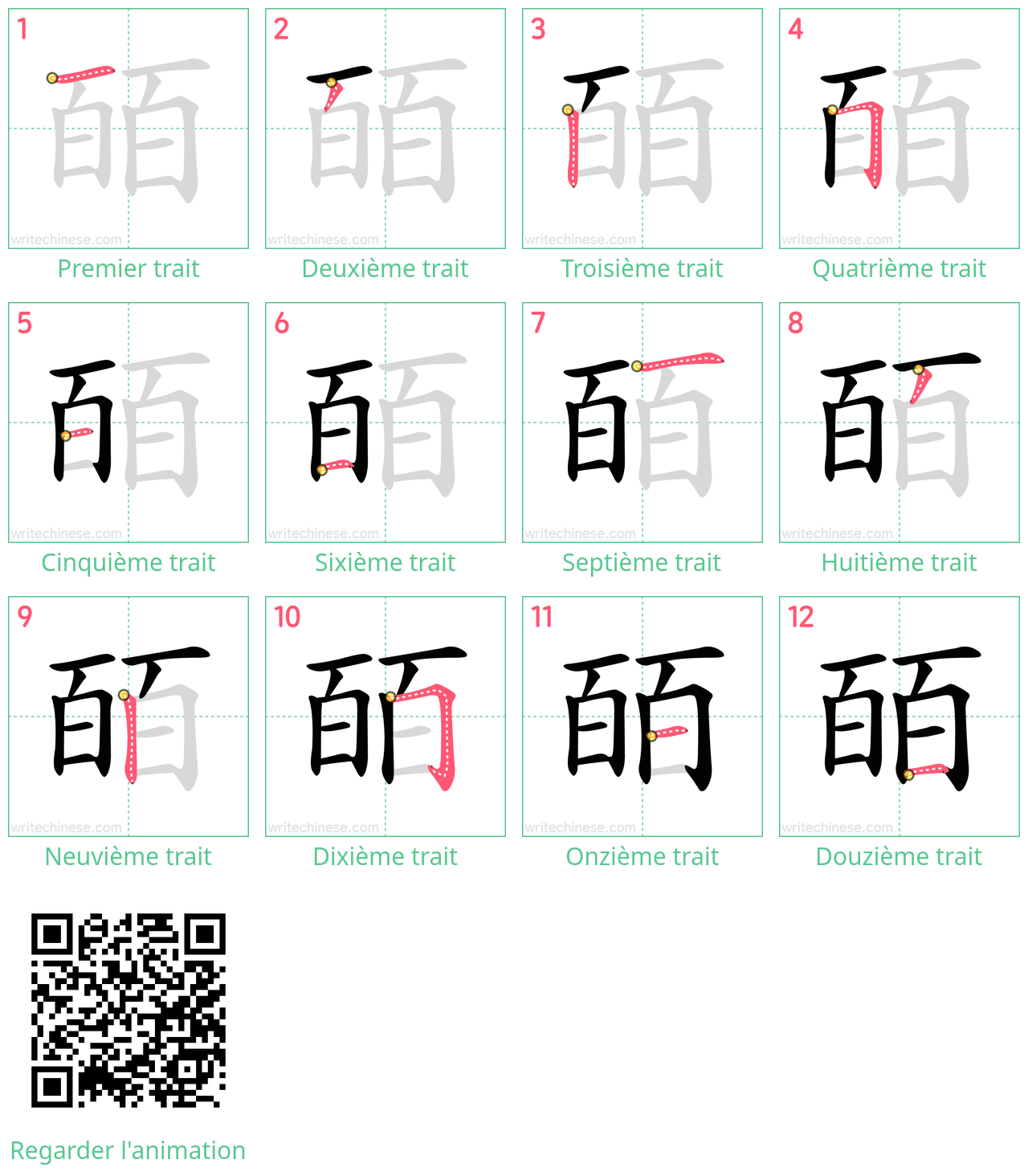 Diagrammes d'ordre des traits étape par étape pour le caractère 皕