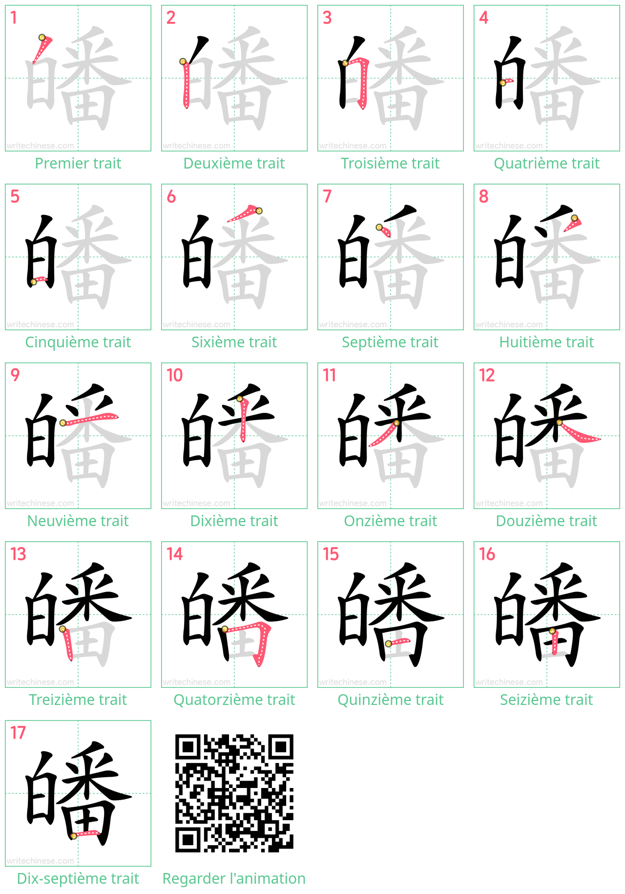 Diagrammes d'ordre des traits étape par étape pour le caractère 皤