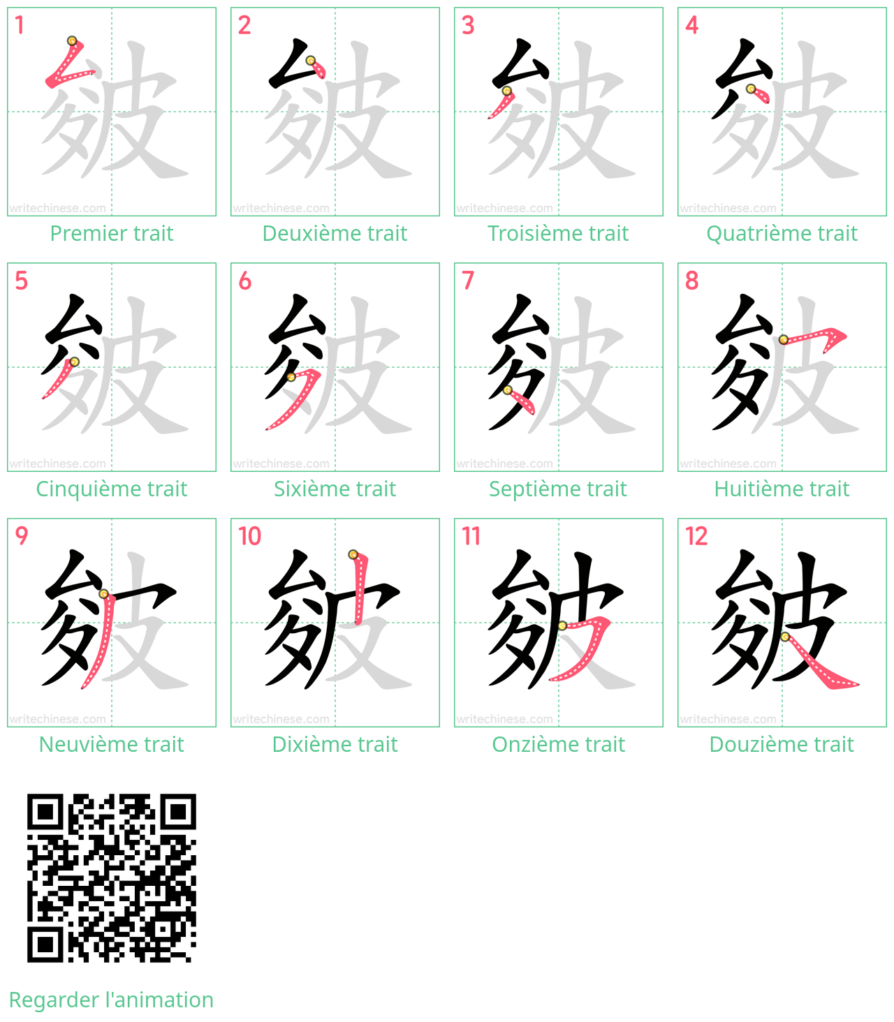 Diagrammes d'ordre des traits étape par étape pour le caractère 皴