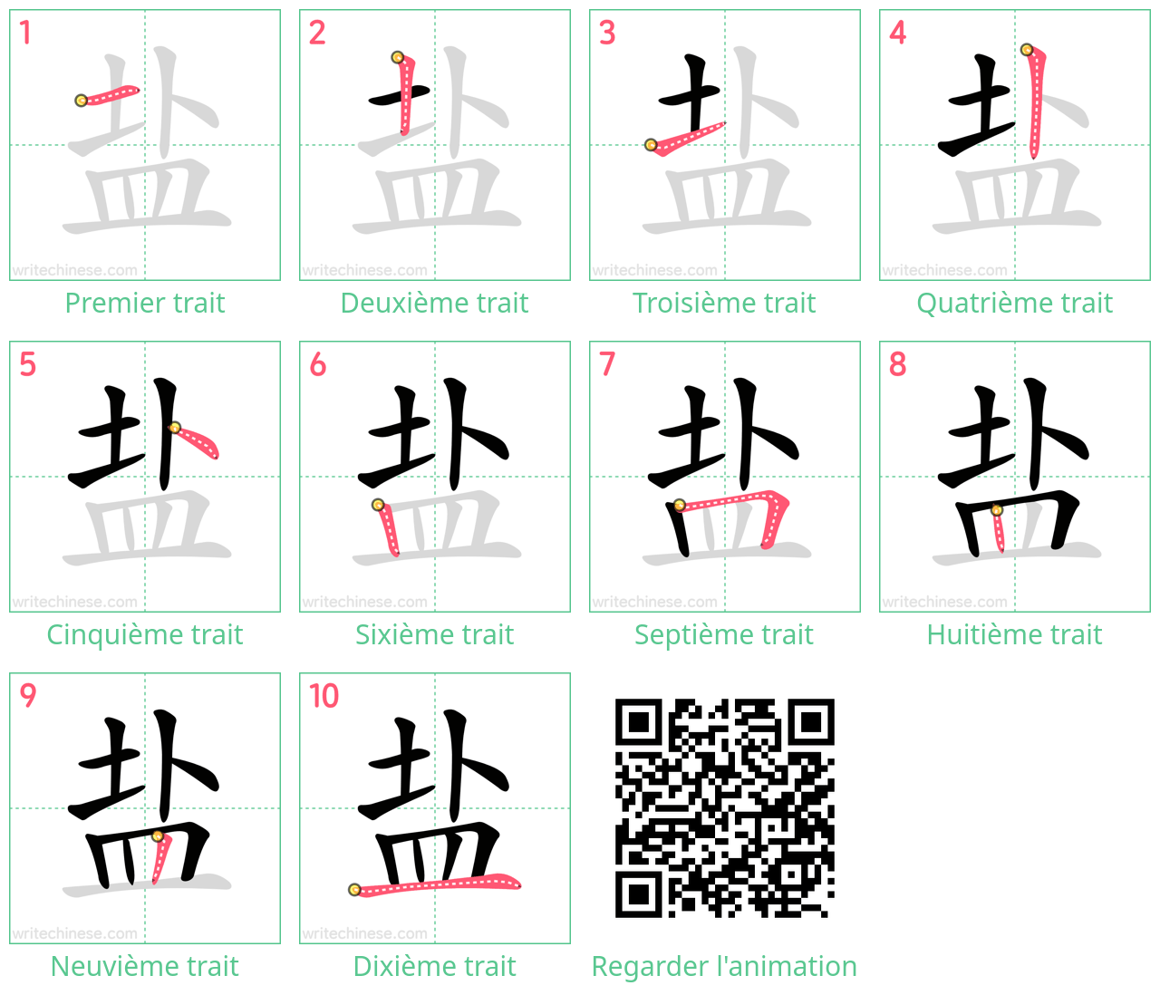 Diagrammes d'ordre des traits étape par étape pour le caractère 盐