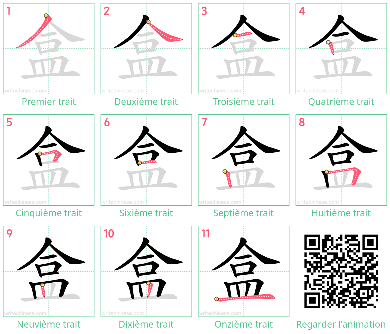 Diagrammes d'ordre des traits étape par étape pour le caractère 盒