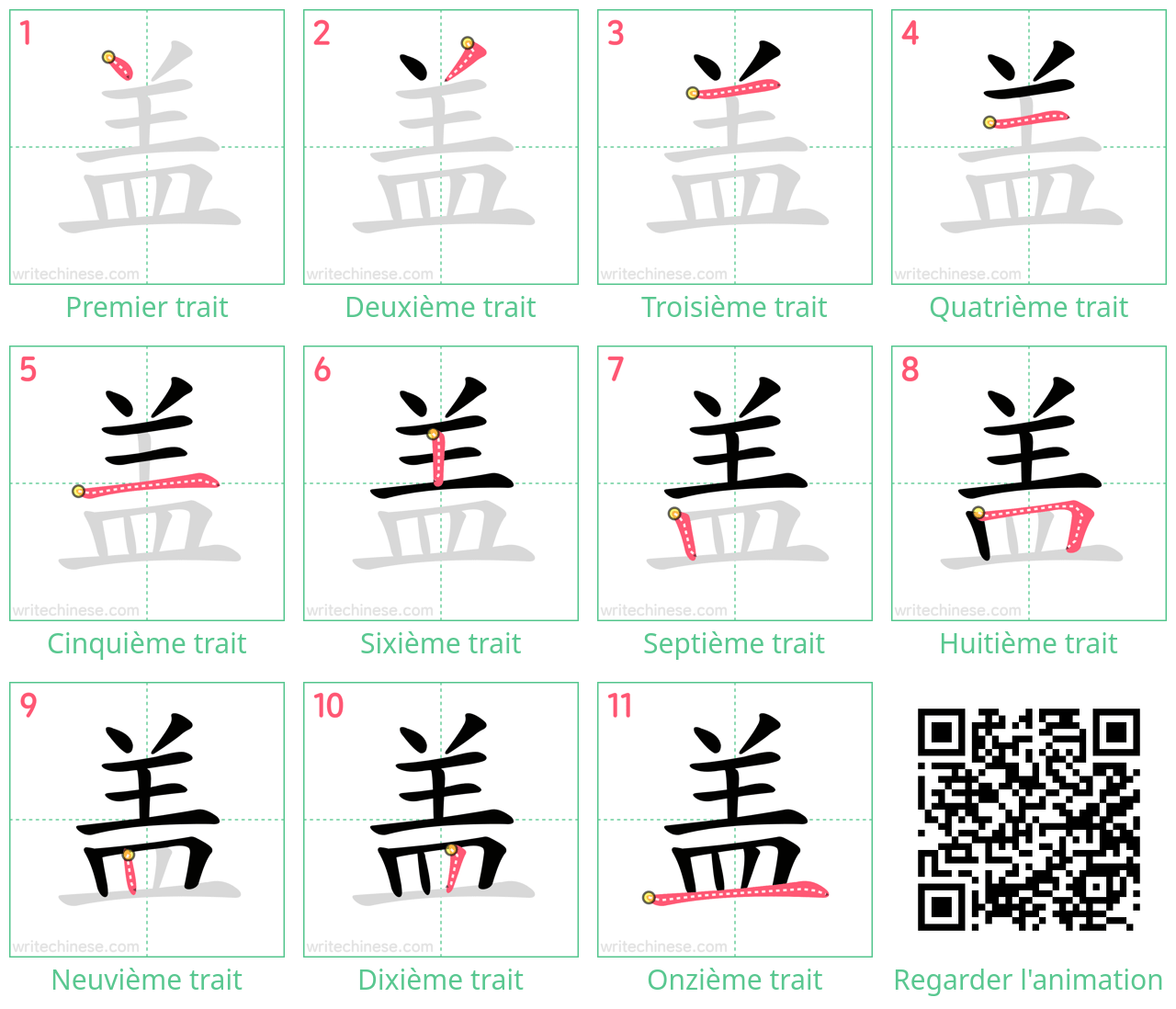 Diagrammes d'ordre des traits étape par étape pour le caractère 盖