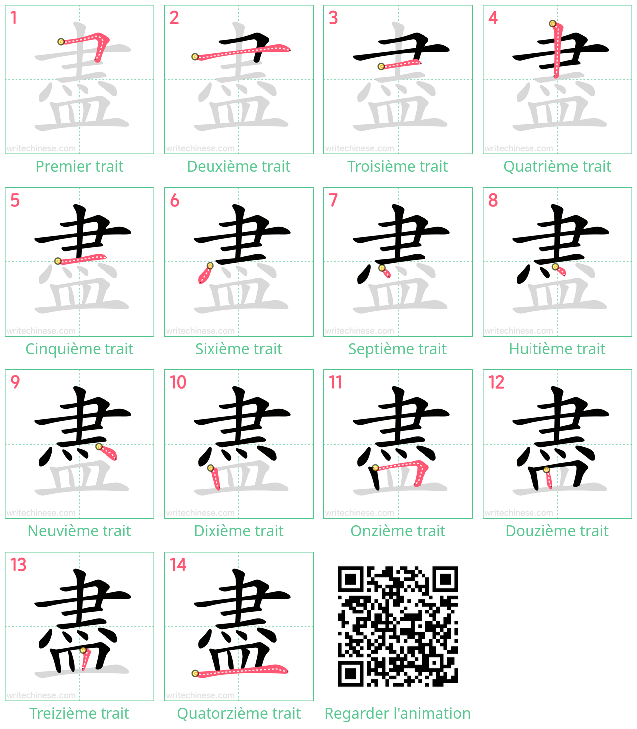 Diagrammes d'ordre des traits étape par étape pour le caractère 盡