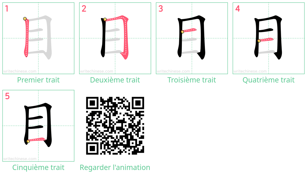 Diagrammes d'ordre des traits étape par étape pour le caractère 目