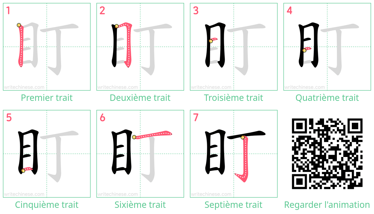 Diagrammes d'ordre des traits étape par étape pour le caractère 盯