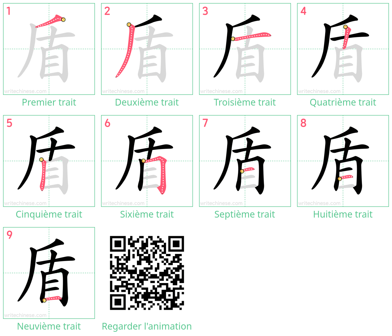 Diagrammes d'ordre des traits étape par étape pour le caractère 盾