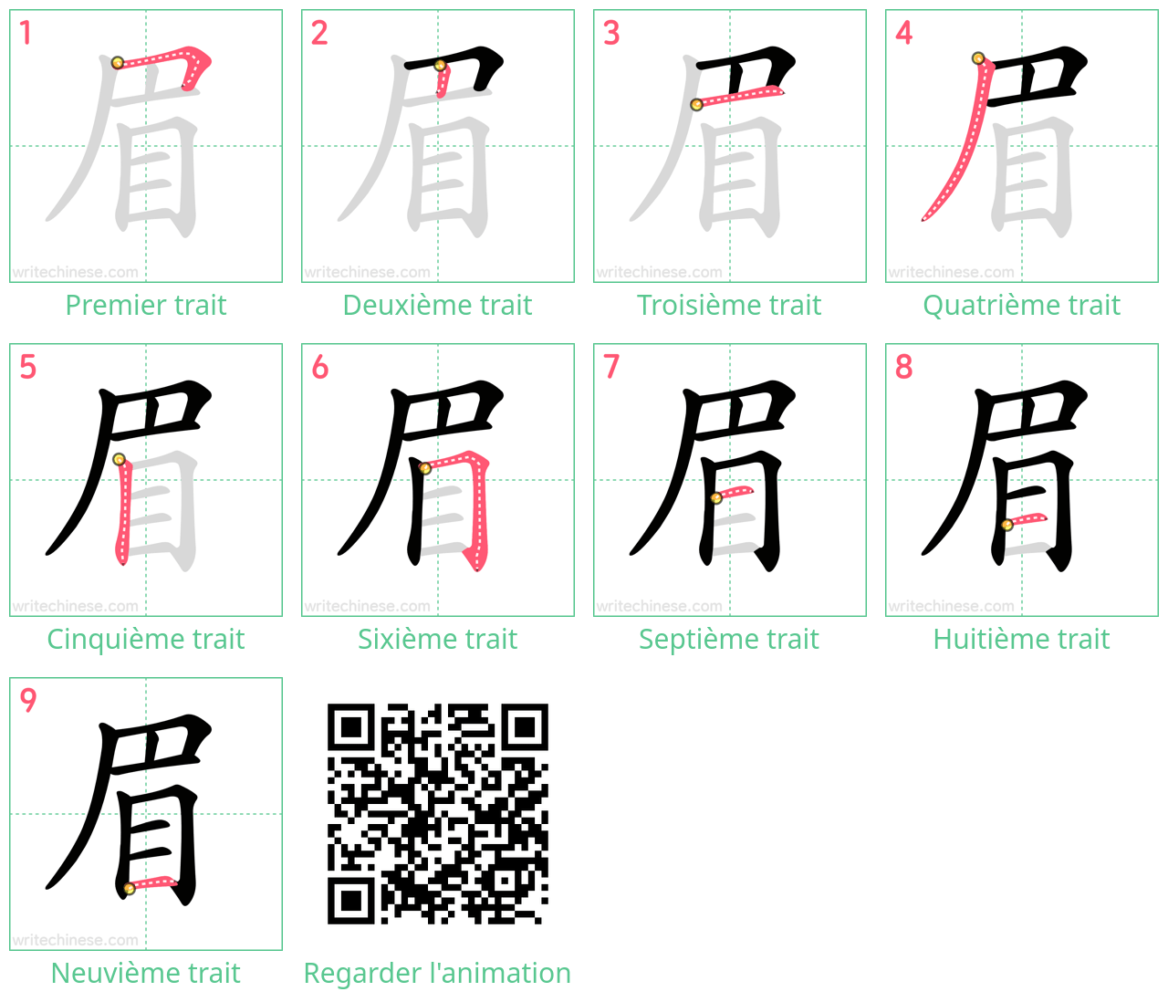 Diagrammes d'ordre des traits étape par étape pour le caractère 眉