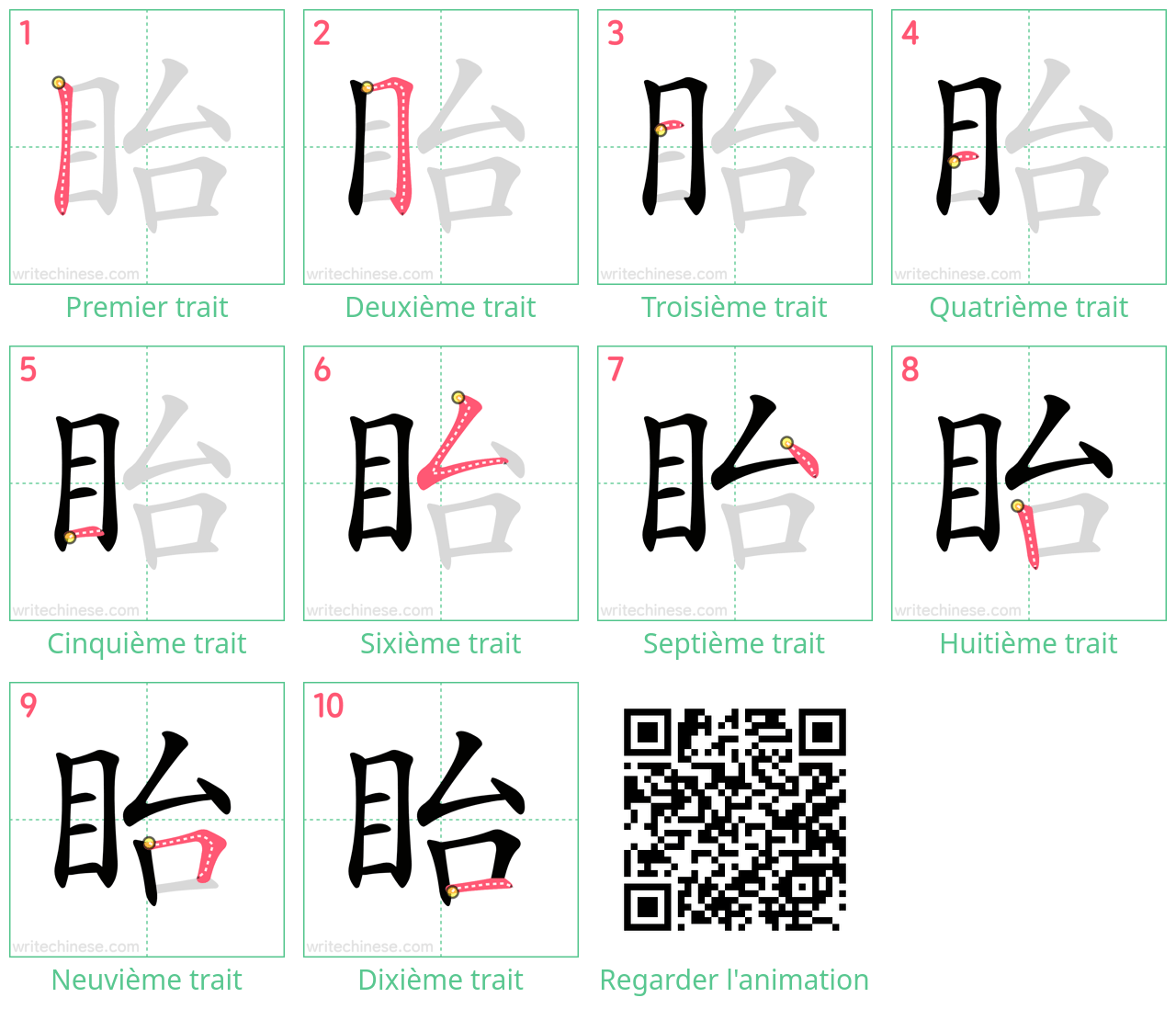 Diagrammes d'ordre des traits étape par étape pour le caractère 眙