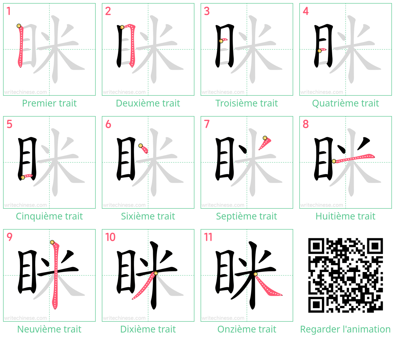 Diagrammes d'ordre des traits étape par étape pour le caractère 眯