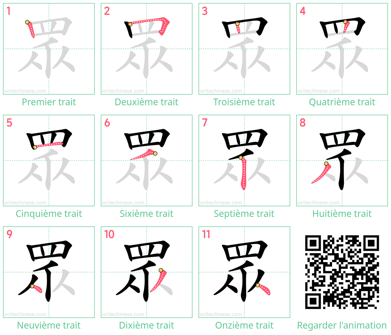 Diagrammes d'ordre des traits étape par étape pour le caractère 眾