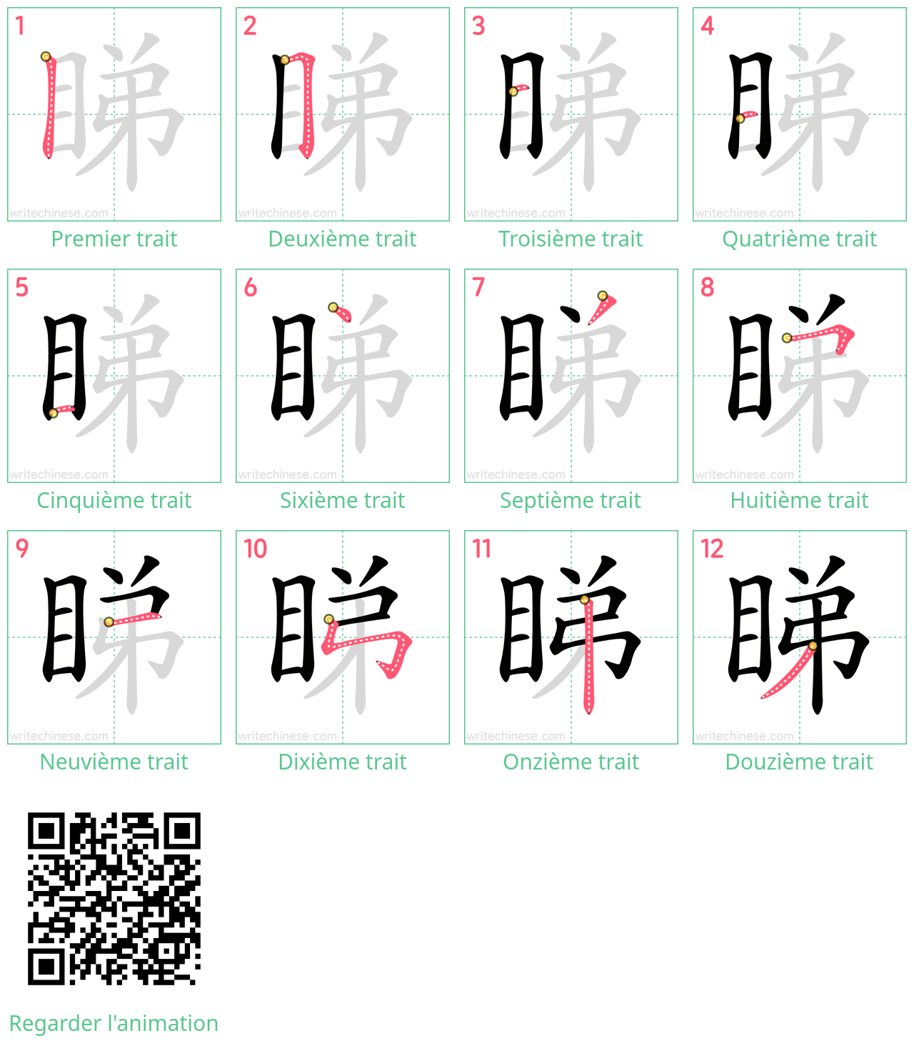 Diagrammes d'ordre des traits étape par étape pour le caractère 睇