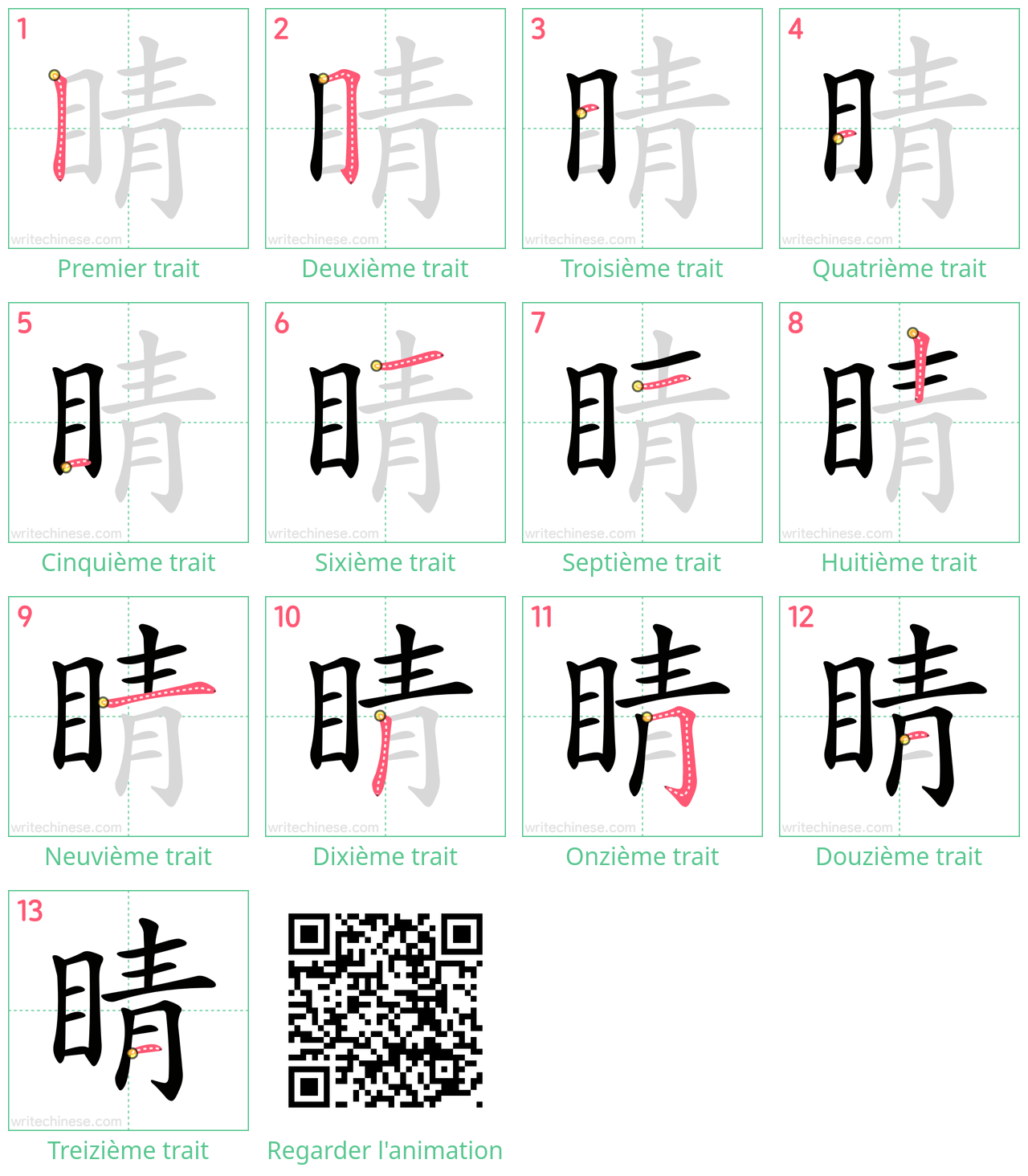Diagrammes d'ordre des traits étape par étape pour le caractère 睛