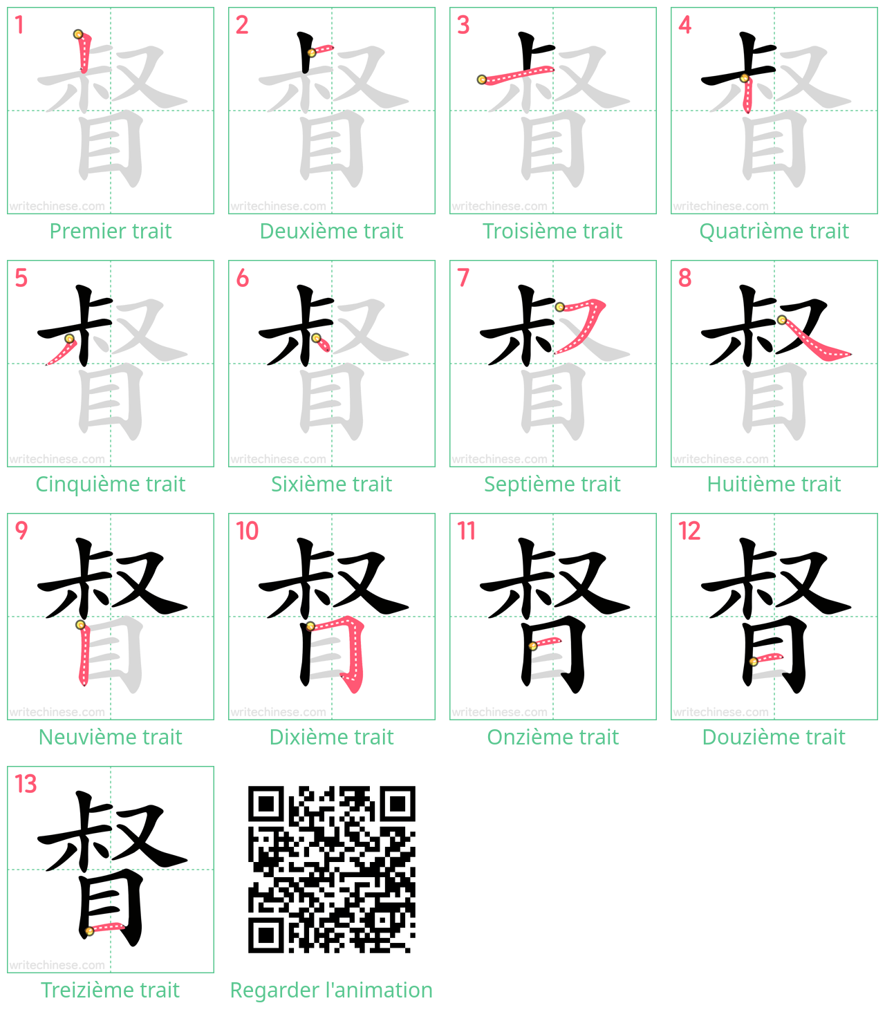 Diagrammes d'ordre des traits étape par étape pour le caractère 督