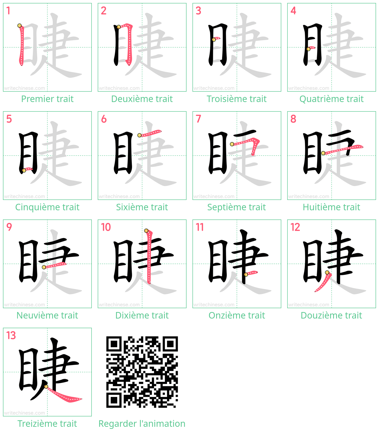 Diagrammes d'ordre des traits étape par étape pour le caractère 睫