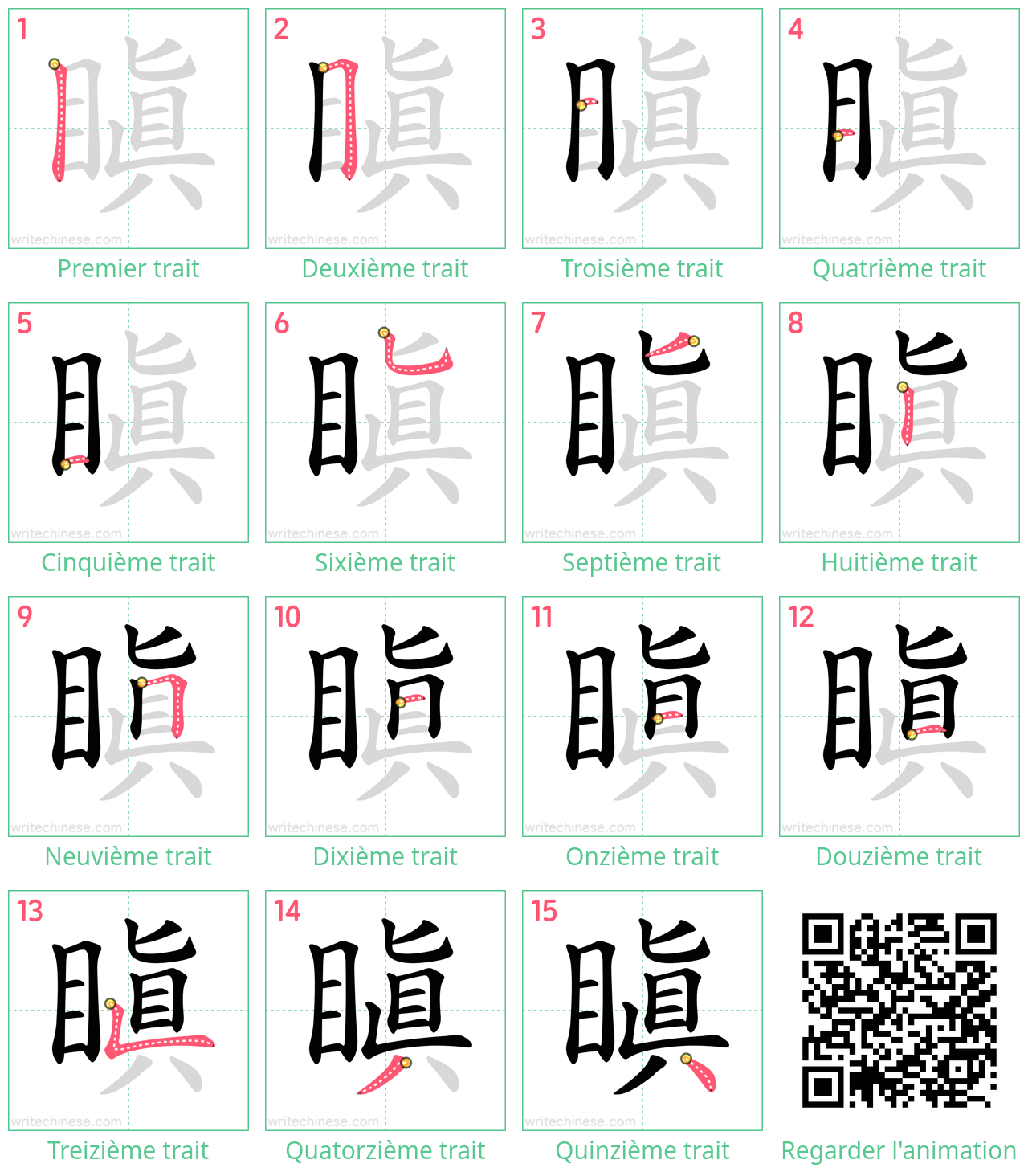 Diagrammes d'ordre des traits étape par étape pour le caractère 瞋