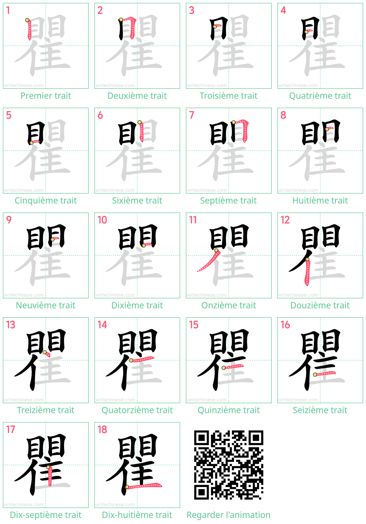 Diagrammes d'ordre des traits étape par étape pour le caractère 瞿