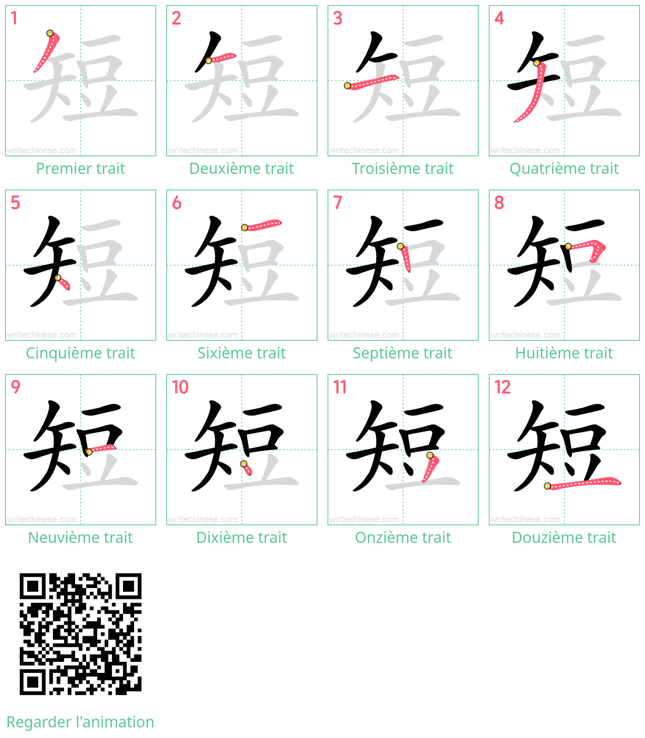 Diagrammes d'ordre des traits étape par étape pour le caractère 短