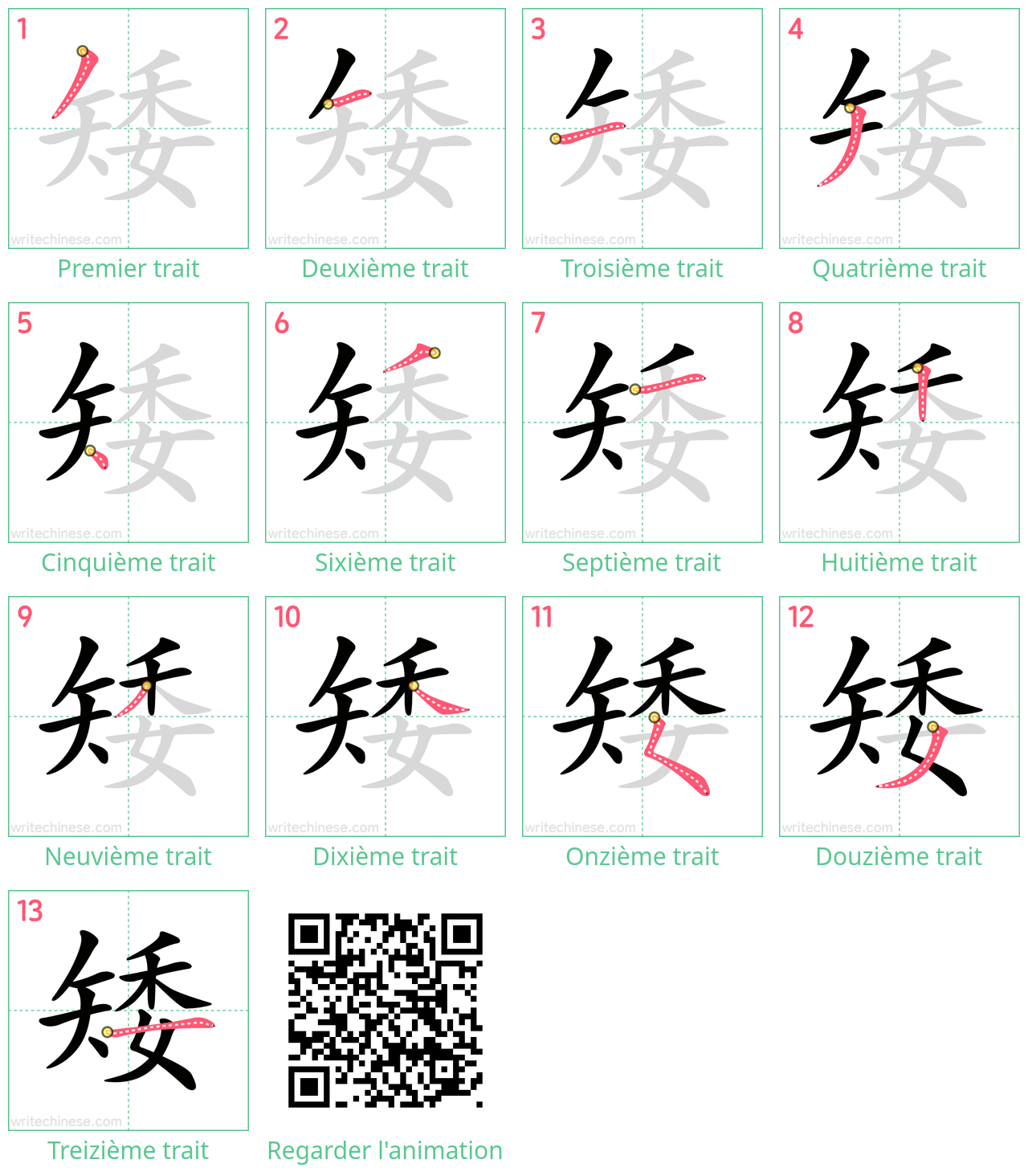 Diagrammes d'ordre des traits étape par étape pour le caractère 矮