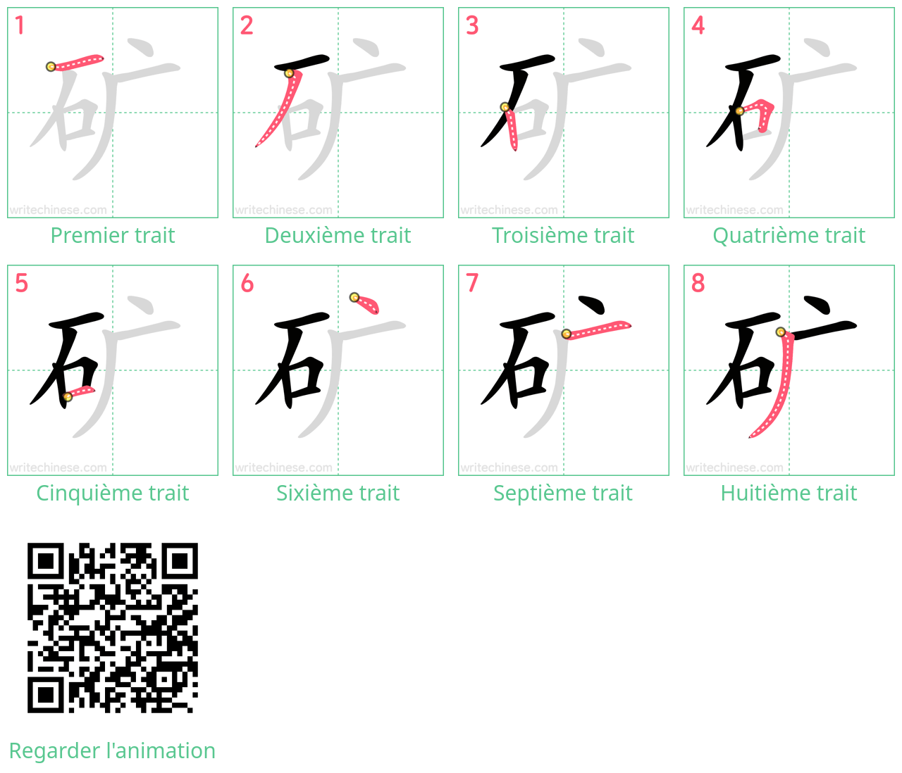 Diagrammes d'ordre des traits étape par étape pour le caractère 矿