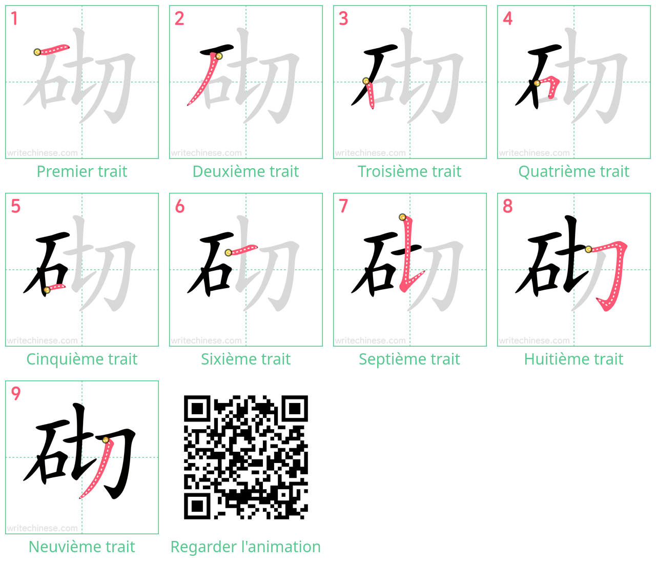Diagrammes d'ordre des traits étape par étape pour le caractère 砌