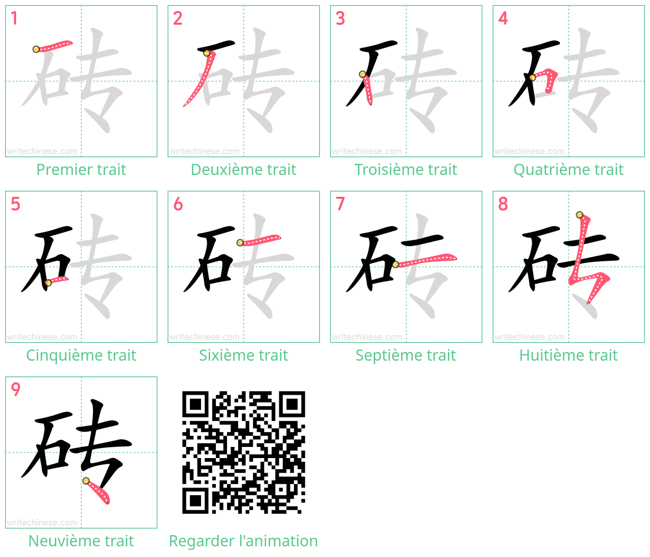 Diagrammes d'ordre des traits étape par étape pour le caractère 砖