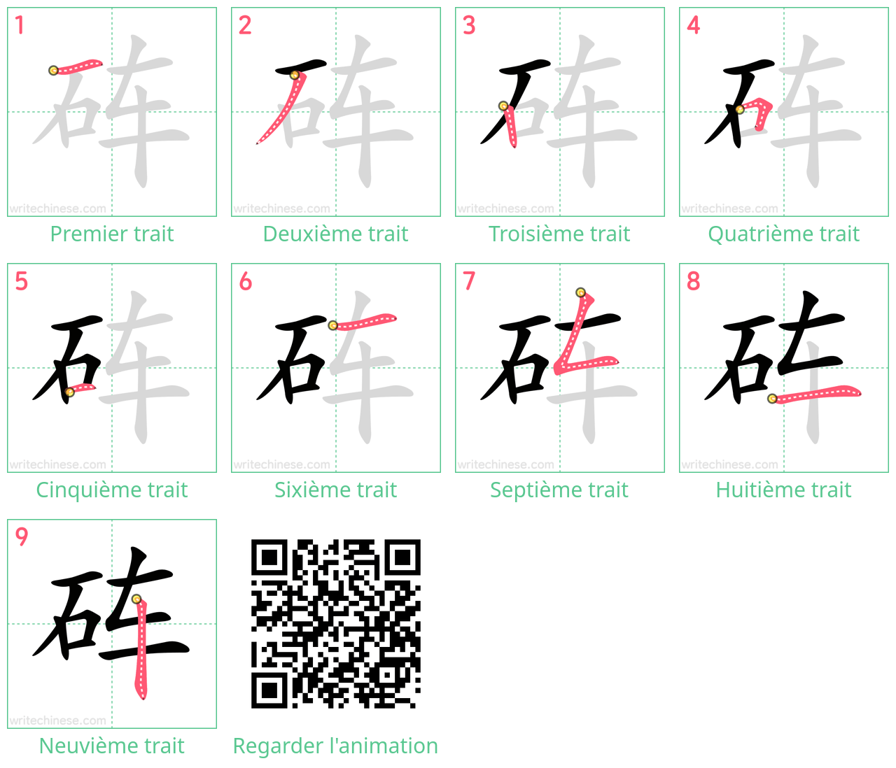 Diagrammes d'ordre des traits étape par étape pour le caractère 砗