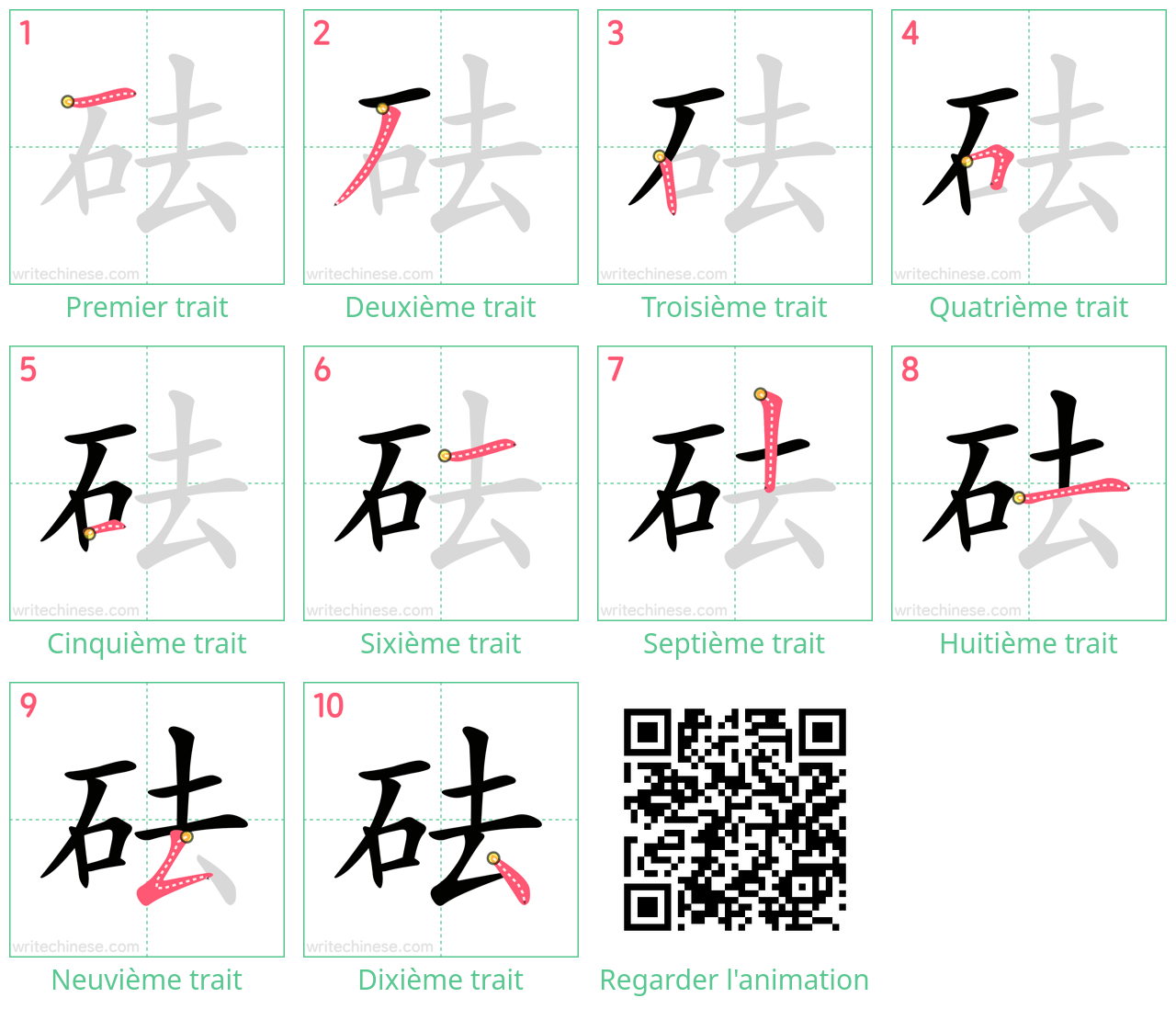 Diagrammes d'ordre des traits étape par étape pour le caractère 砝