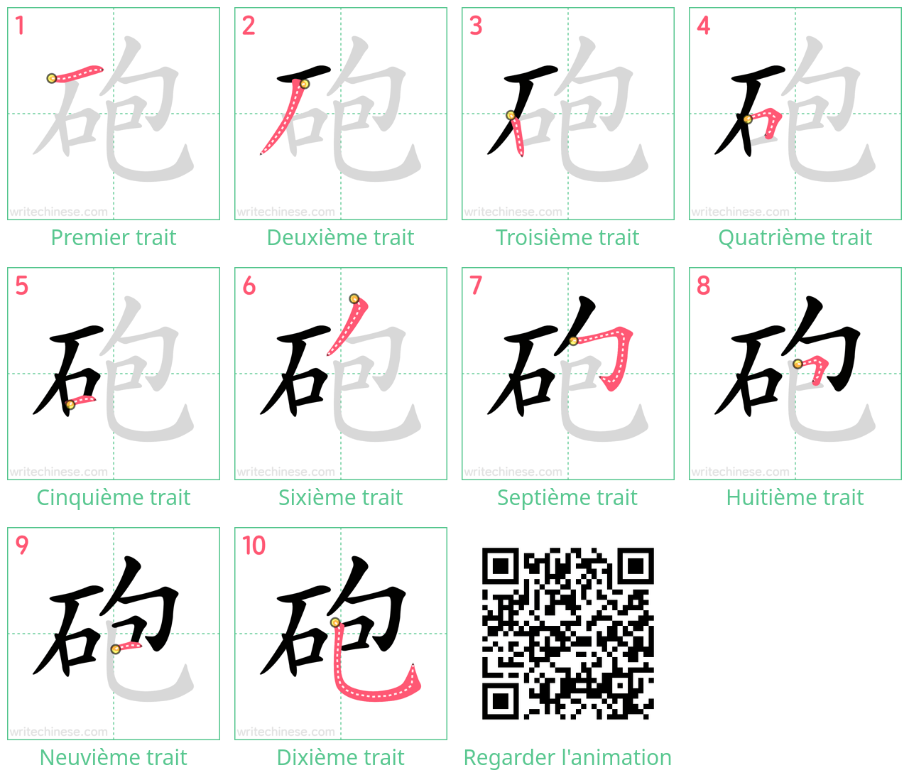 Diagrammes d'ordre des traits étape par étape pour le caractère 砲