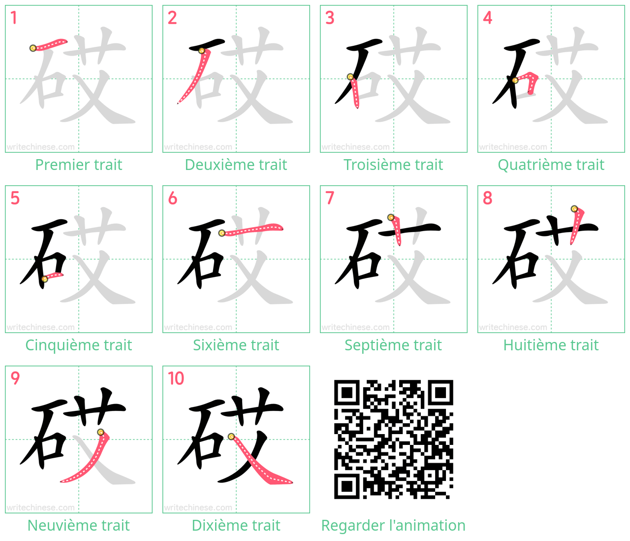 Diagrammes d'ordre des traits étape par étape pour le caractère 砹