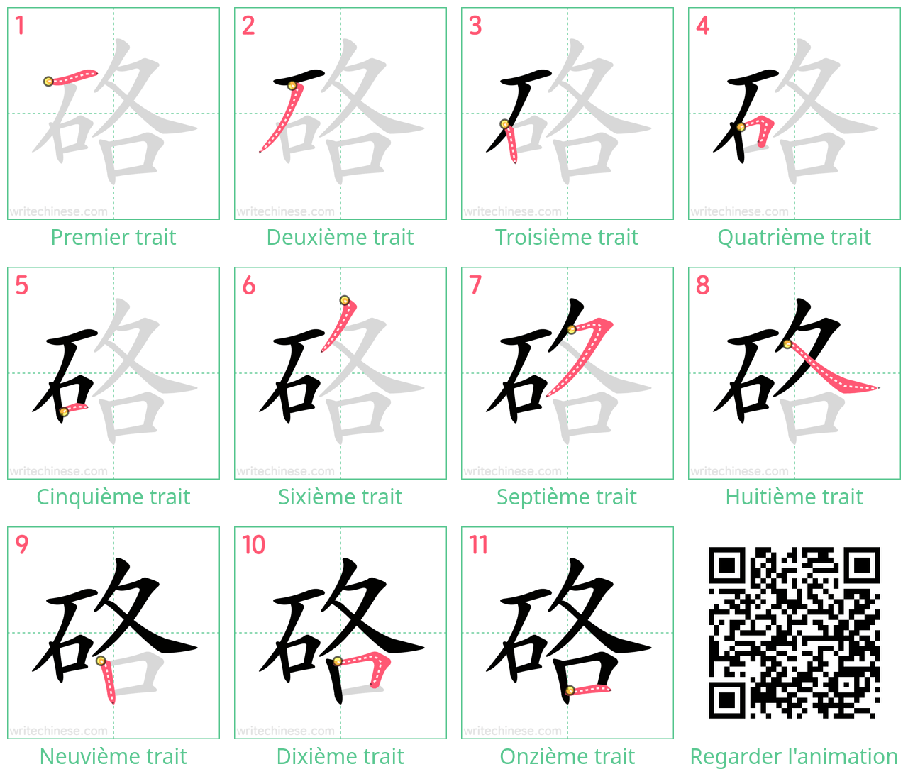 Diagrammes d'ordre des traits étape par étape pour le caractère 硌