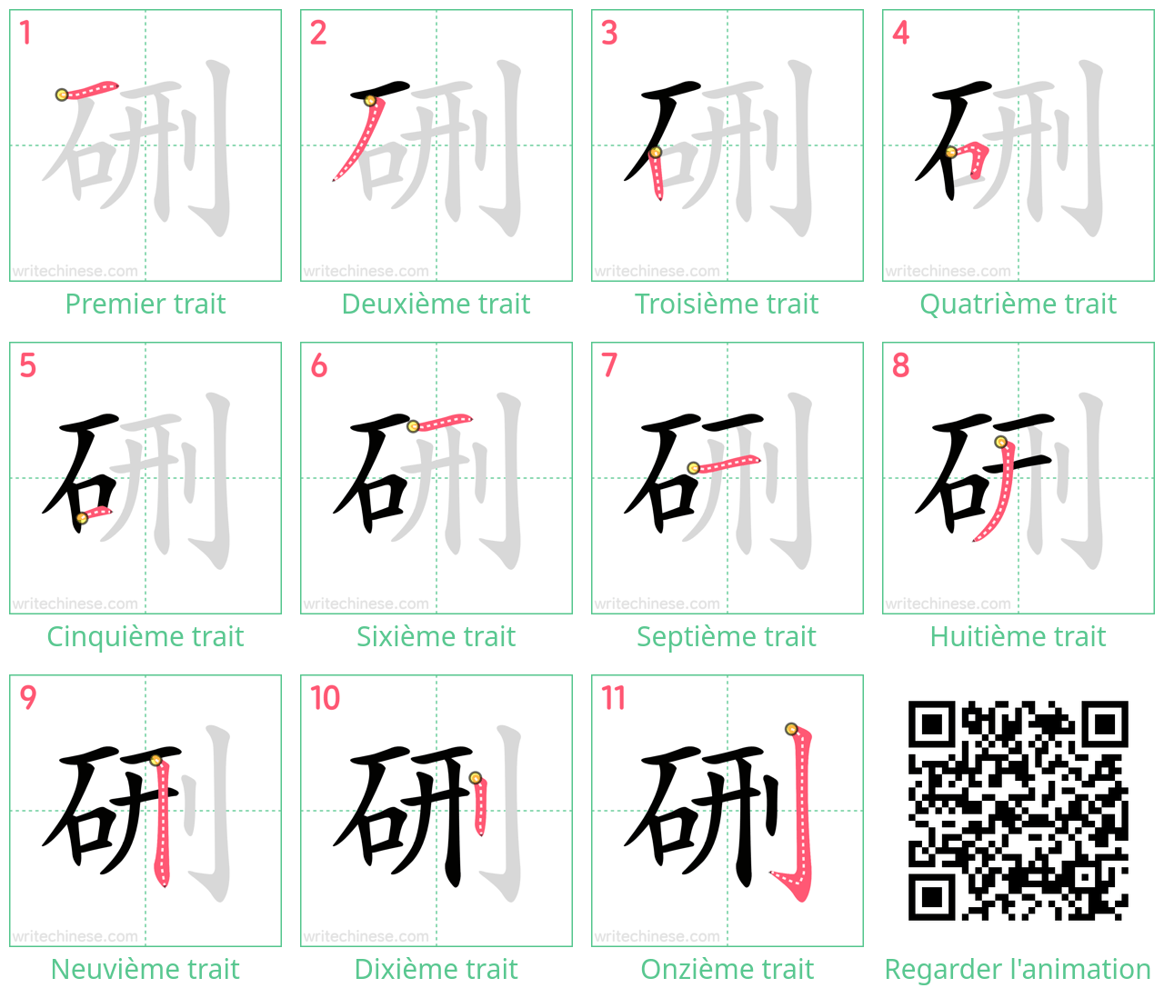 Diagrammes d'ordre des traits étape par étape pour le caractère 硎