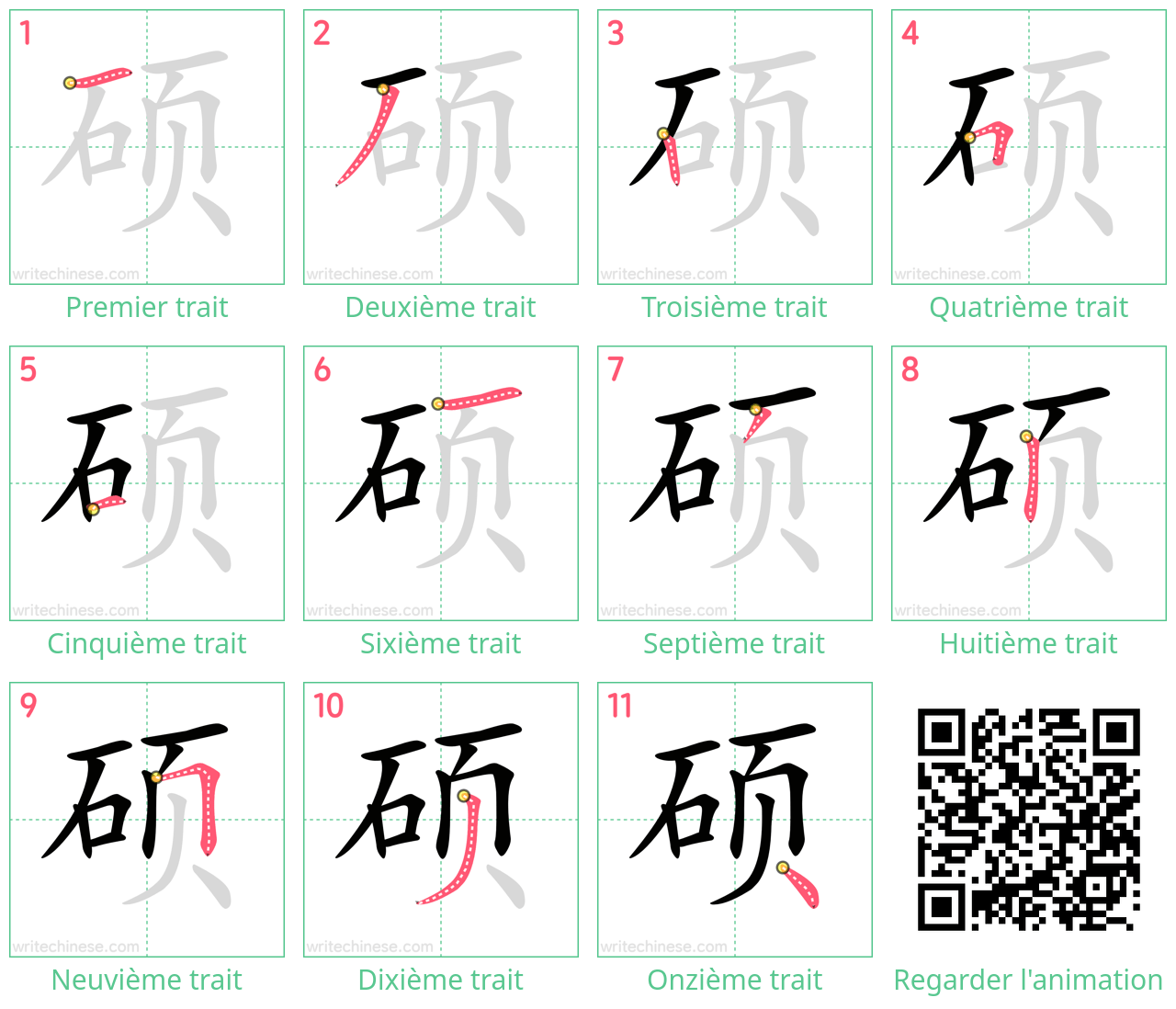 Diagrammes d'ordre des traits étape par étape pour le caractère 硕