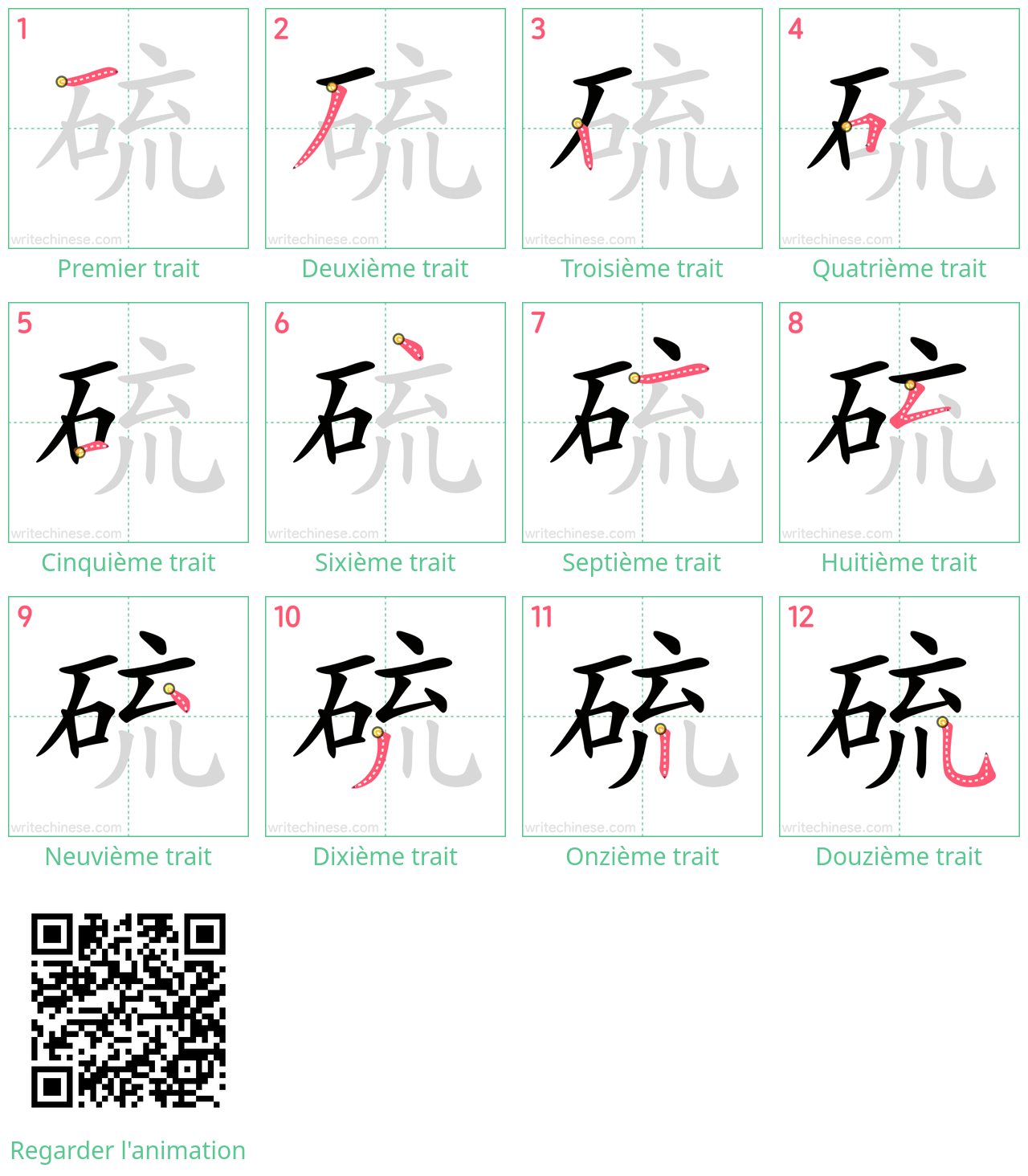 Diagrammes d'ordre des traits étape par étape pour le caractère 硫