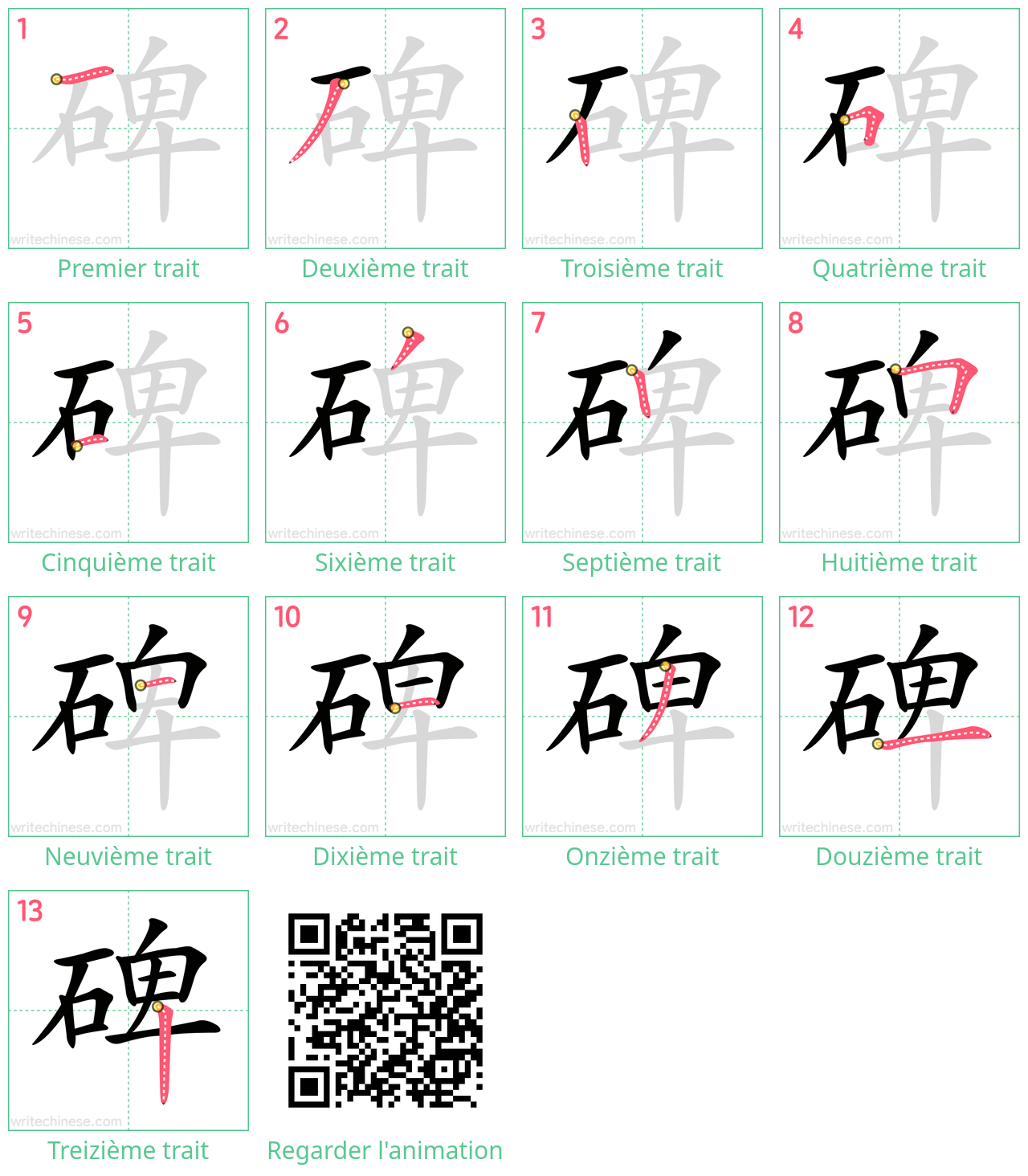 Diagrammes d'ordre des traits étape par étape pour le caractère 碑