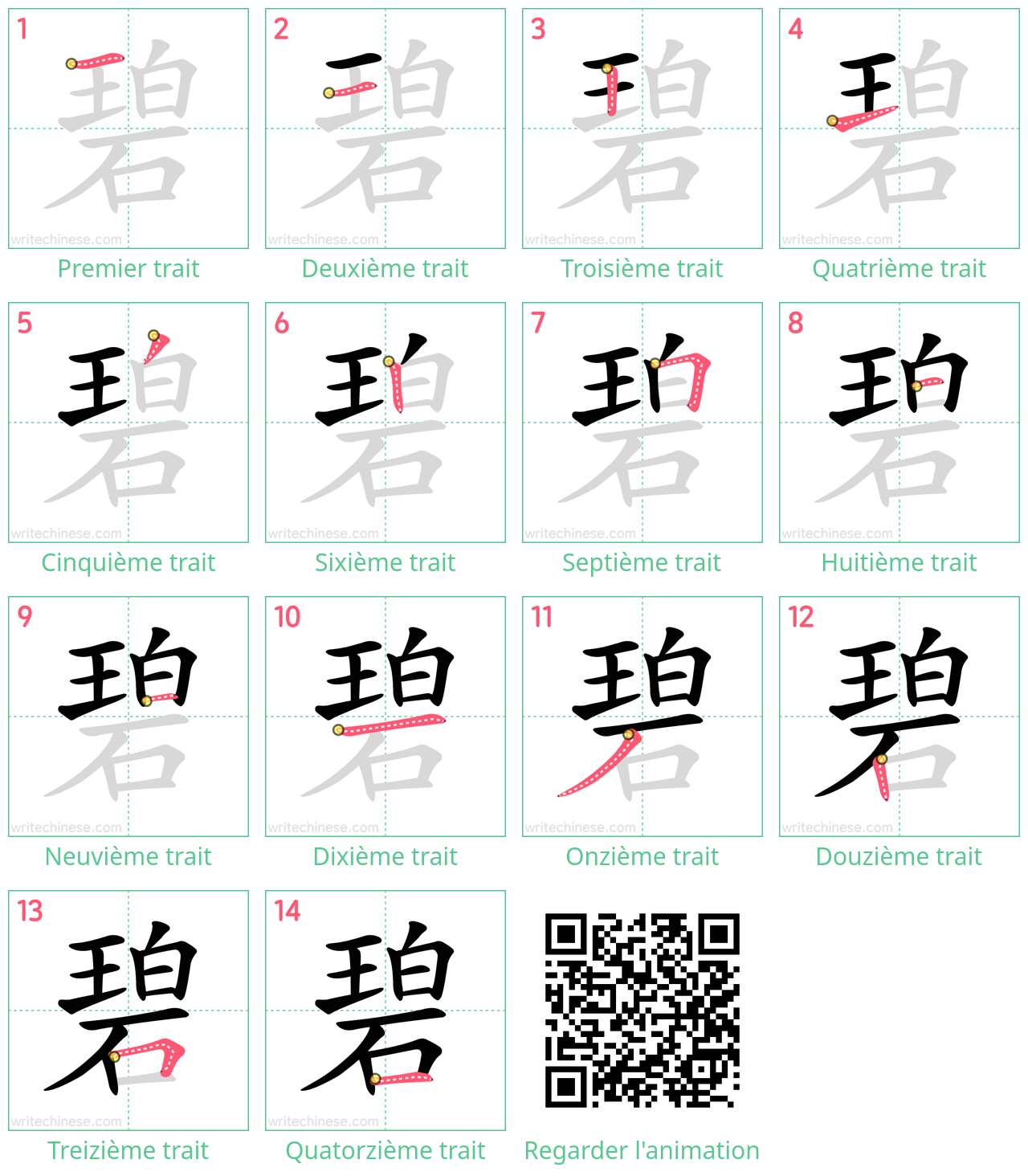 Diagrammes d'ordre des traits étape par étape pour le caractère 碧