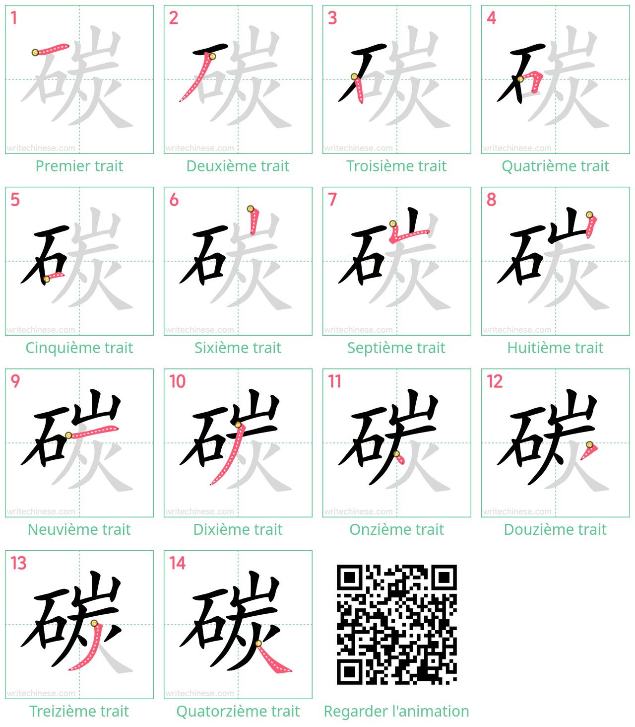 Diagrammes d'ordre des traits étape par étape pour le caractère 碳