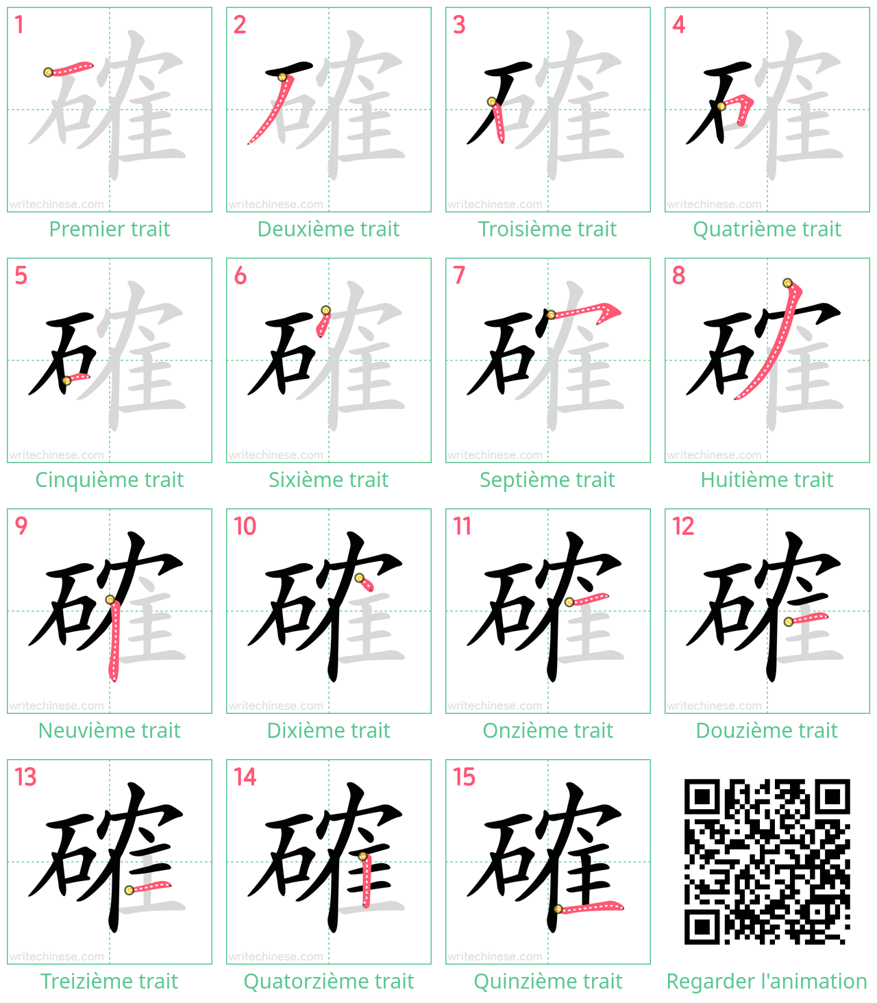 Diagrammes d'ordre des traits étape par étape pour le caractère 確