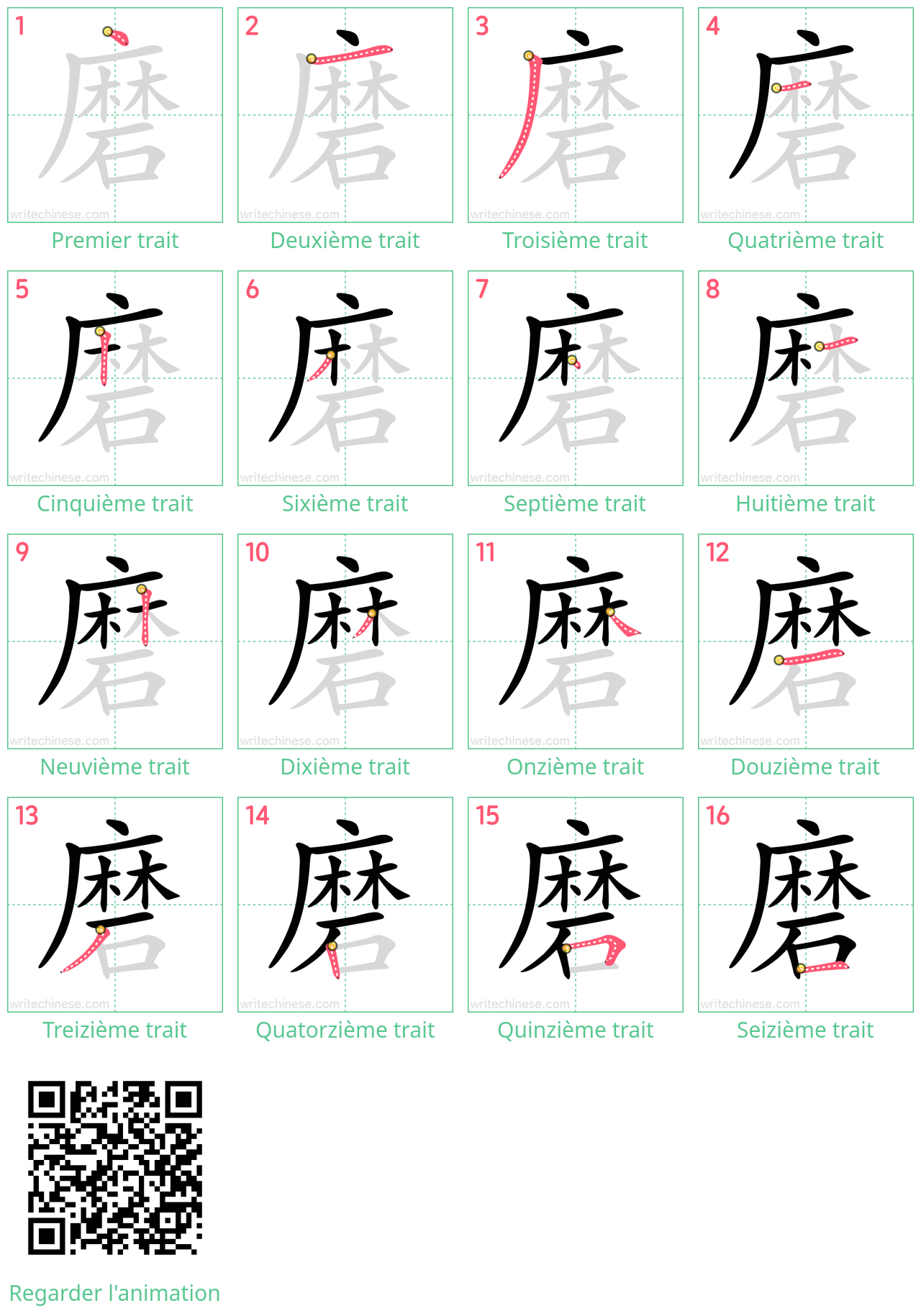 Diagrammes d'ordre des traits étape par étape pour le caractère 磨