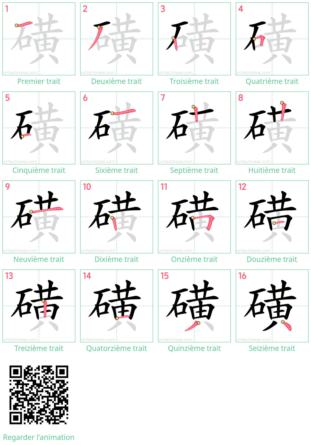 Diagrammes d'ordre des traits étape par étape pour le caractère 磺