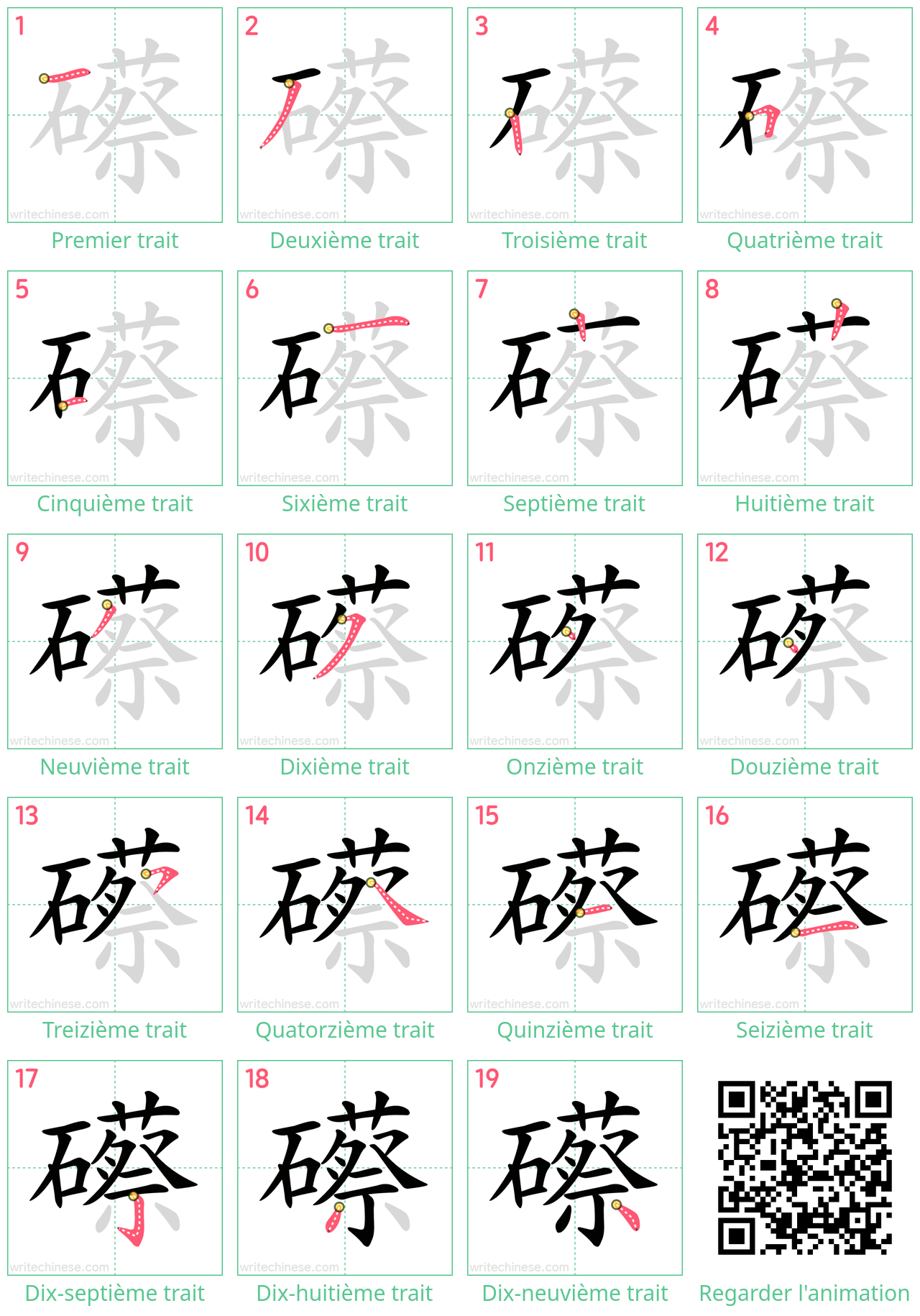 Diagrammes d'ordre des traits étape par étape pour le caractère 礤