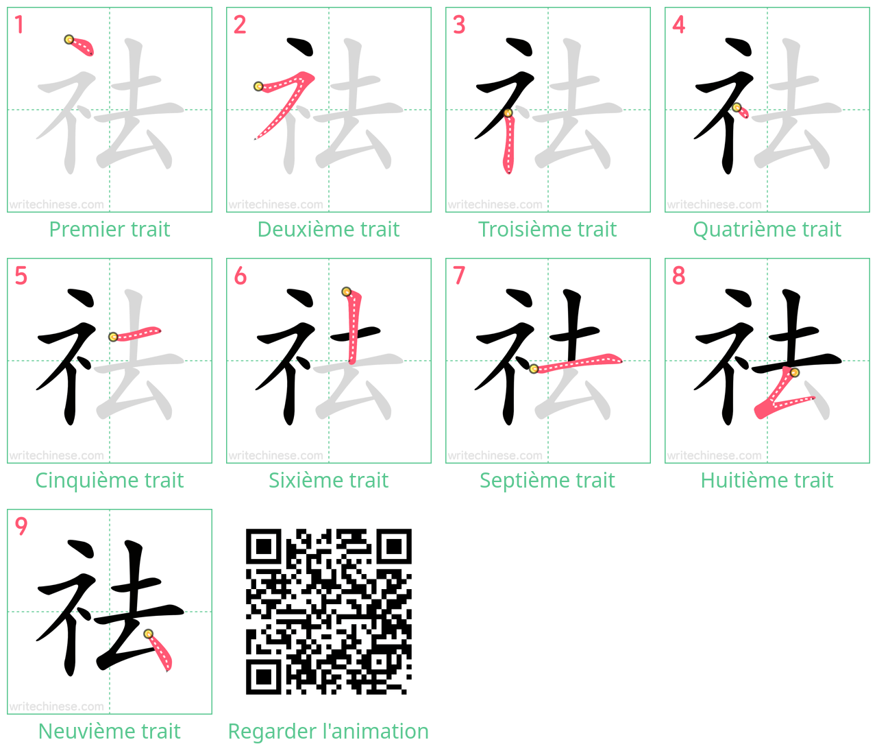 Diagrammes d'ordre des traits étape par étape pour le caractère 祛