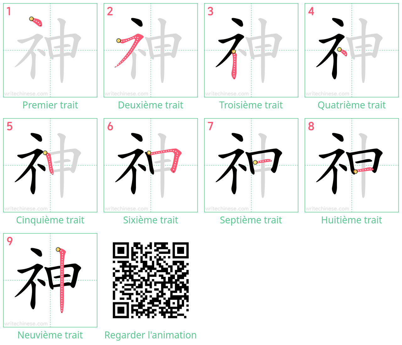 Diagrammes d'ordre des traits étape par étape pour le caractère 神