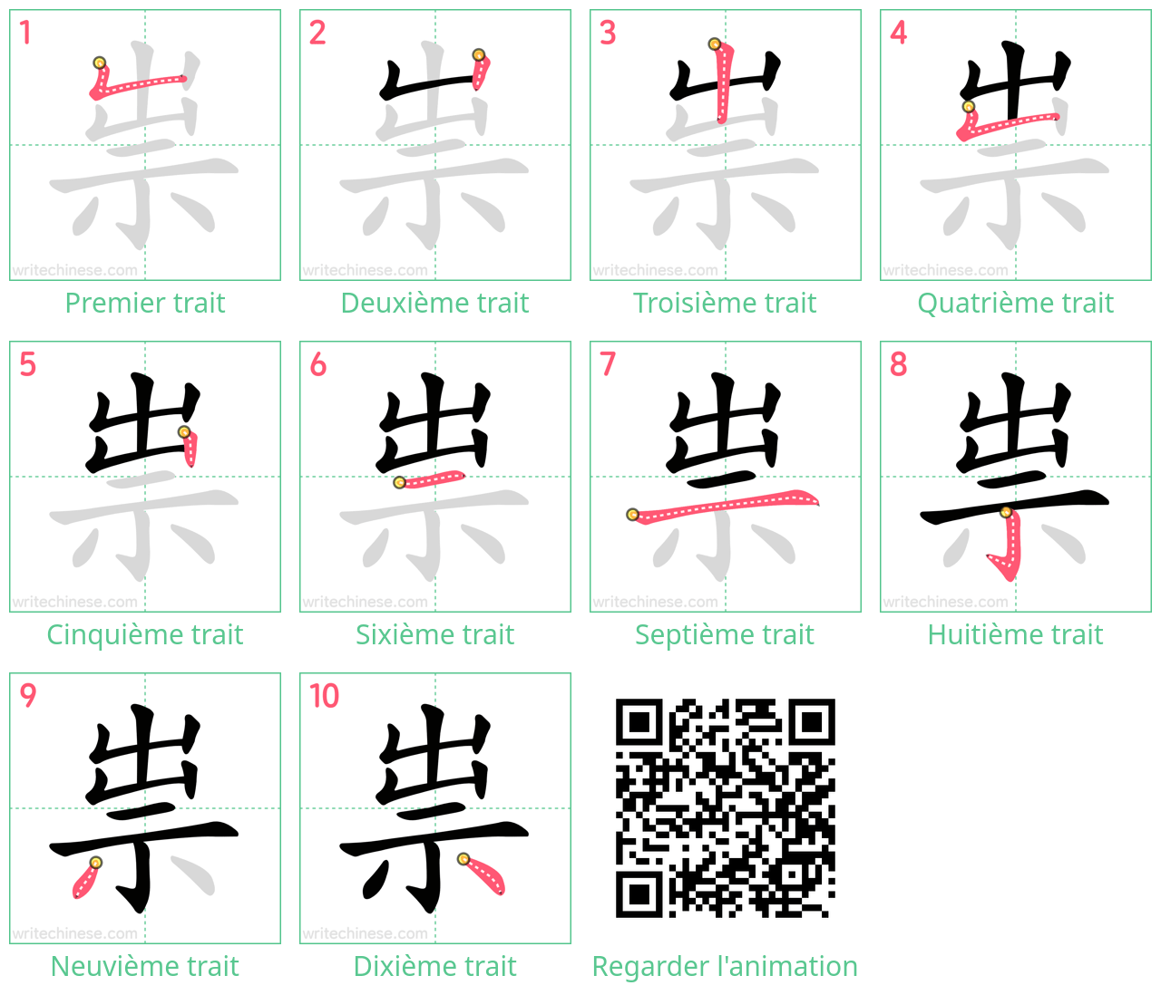 Diagrammes d'ordre des traits étape par étape pour le caractère 祟