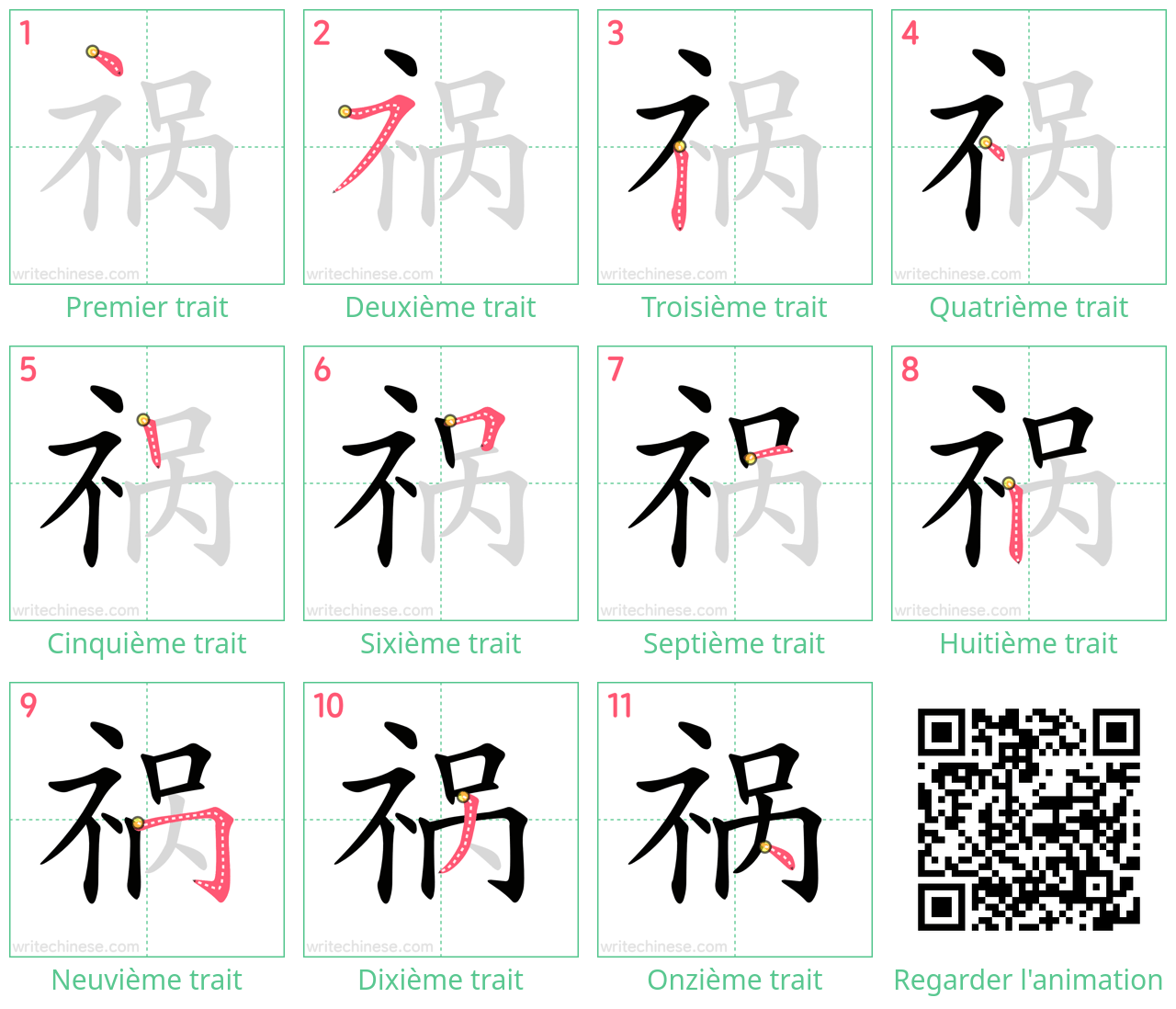 Diagrammes d'ordre des traits étape par étape pour le caractère 祸