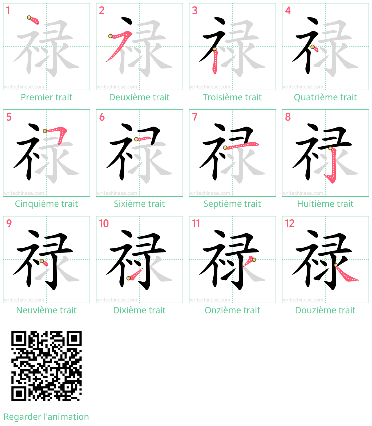 Diagrammes d'ordre des traits étape par étape pour le caractère 禄
