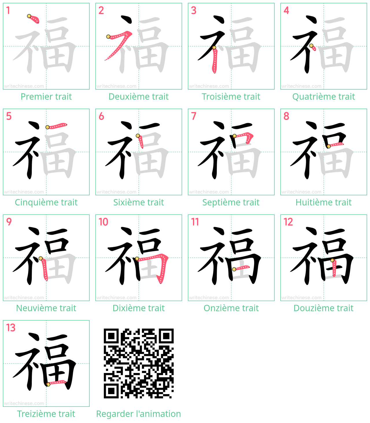 Diagrammes d'ordre des traits étape par étape pour le caractère 福